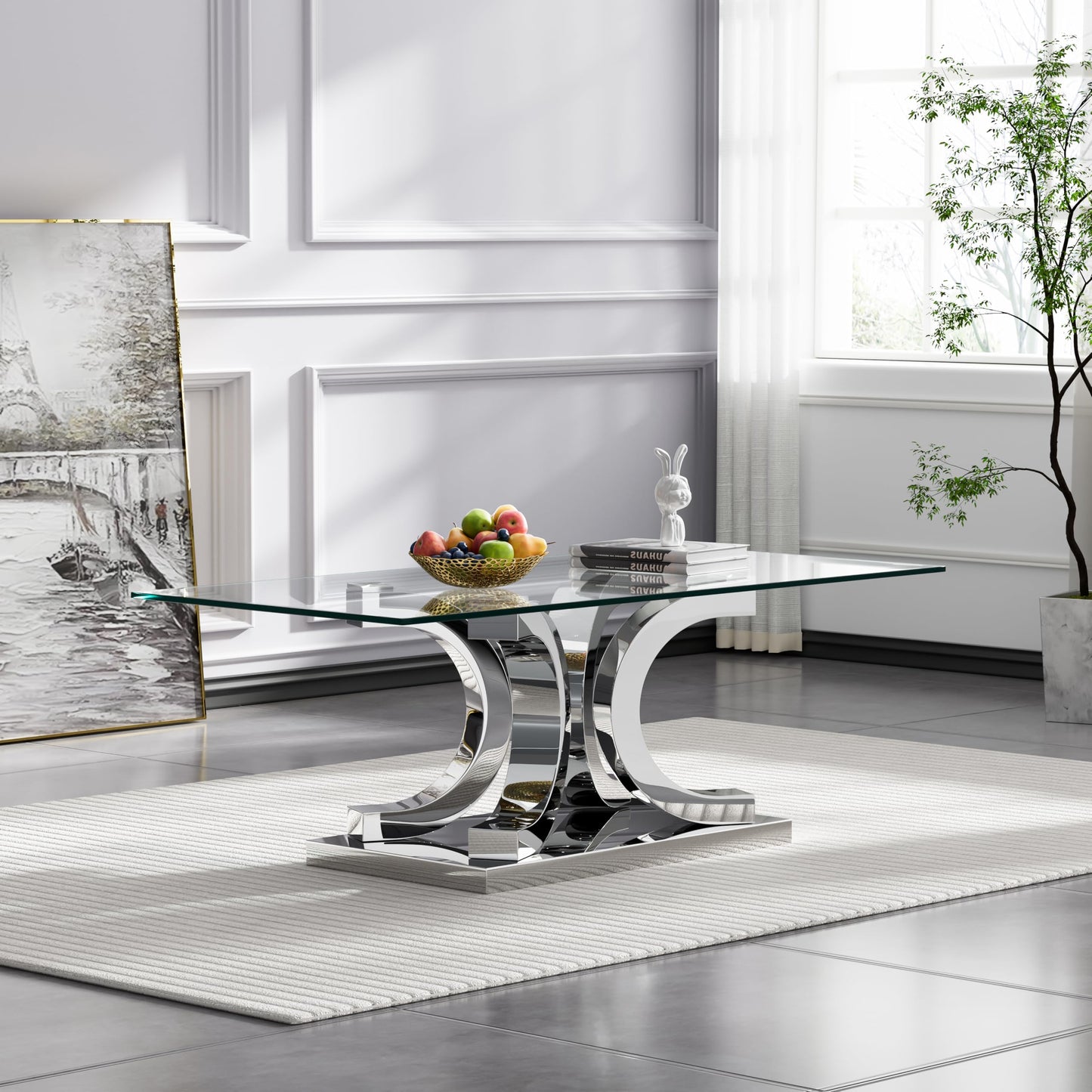 Henf 47" Glass Coffee Table Modern Glass Center Table, Luxury Rectangular Cocktail Table Accent Sofa Table with Tempered Glass Top and Silver Mirrored Stainless Steel Base for Living Room Apartment