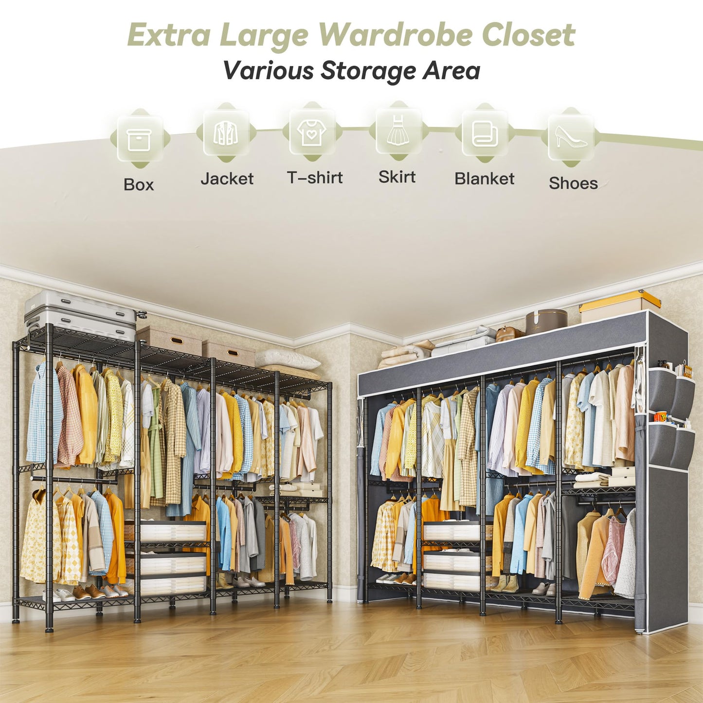 Raybee Clothes Rack with Cover,1150LBS Heavy Duty Clothing Rack for Hanging Clothes,Adjustable Portable Closet for Bedroom,18" D x 76" W x 77" H,Black