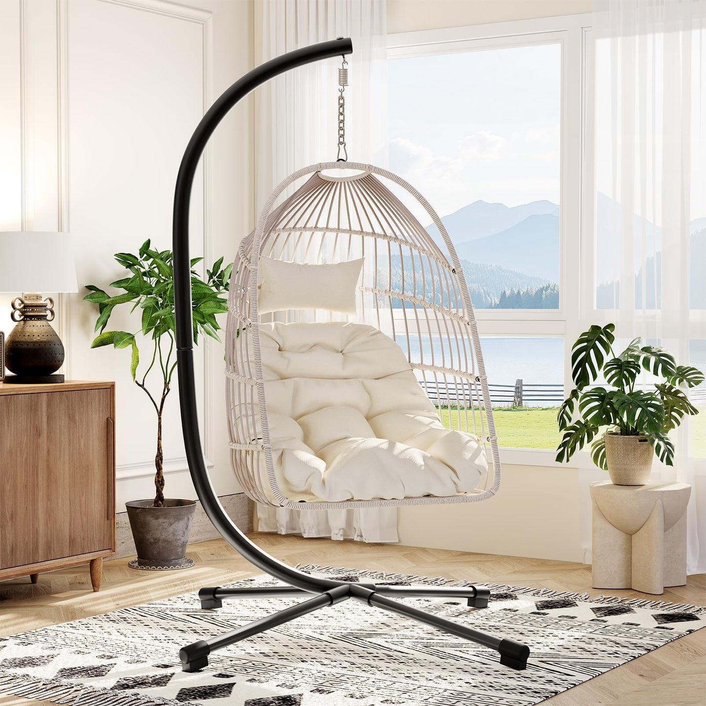 Foldable Hanging Egg Chair with Stand, HDPE Rattan and Heavy Duty Aluminum-Steel Frame, Outdoor Patio Wicker Swing Egg Chair with Headrest and Cushioned, 350 Lbs Capacity (Beige)