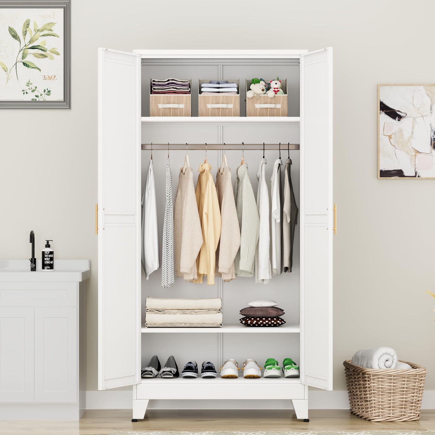 AUEYTVR Metal Armoire Wardrobe Closet Storage Cabinet with Hanging Rod,71'' Metal Wardrobe Cabinet with 2 Doors and 2 Adjustable Shelves for Bedroom, Laundry Room, Cloak Room