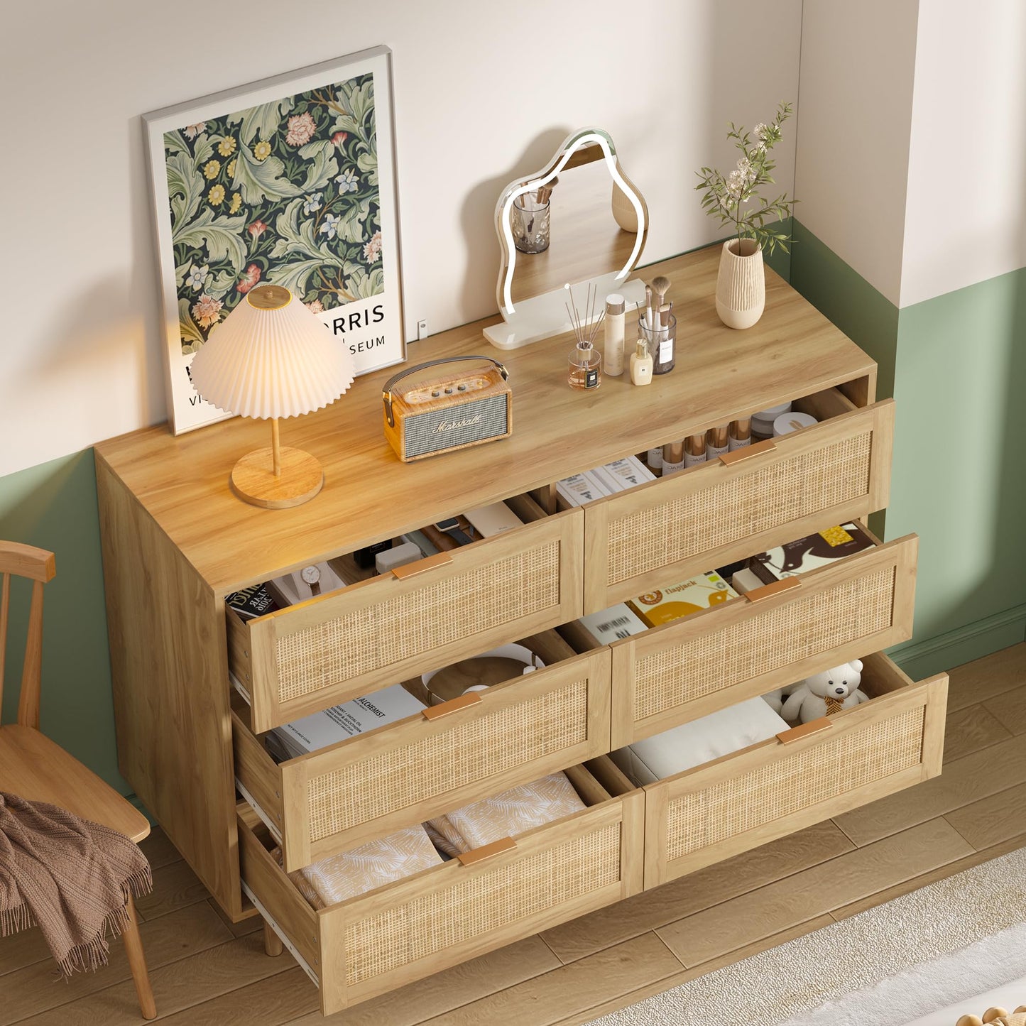 Furnideco 6 Drawer Rattan Dresser for Bedroom Wood Dresser for Closet with Solid-Wood Legs Boho Chest of Drawers Beside Table for Bedroom, Living Room, Natural