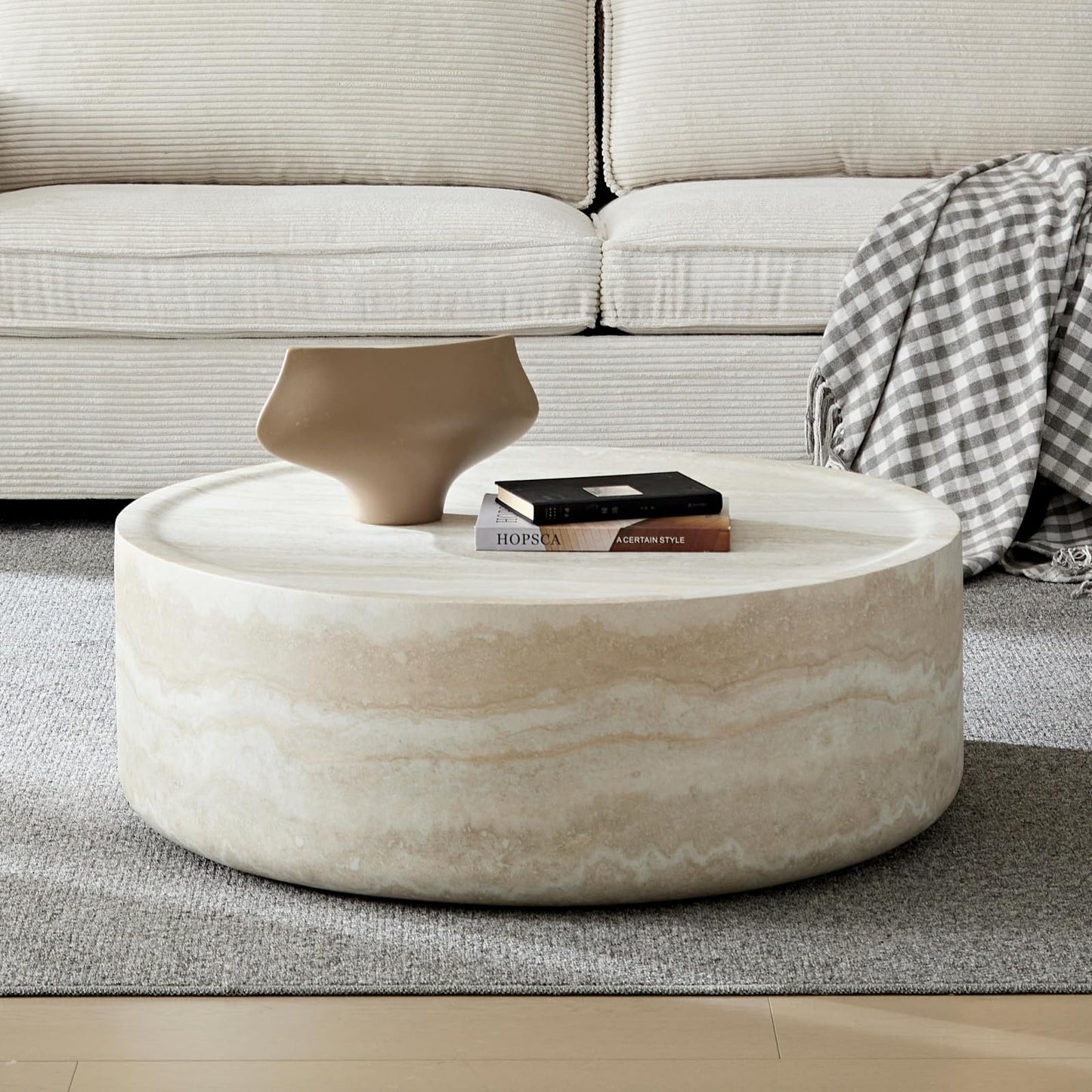 KEVINSPACE Travertine Coffee Table Round CoffeeTables for Living Room Modern Faux Marble Center Circle Table Concrete Accent Table Farmhouse Drum CoffeeTable for Apartment Bedroom Fiberglass ø31.5