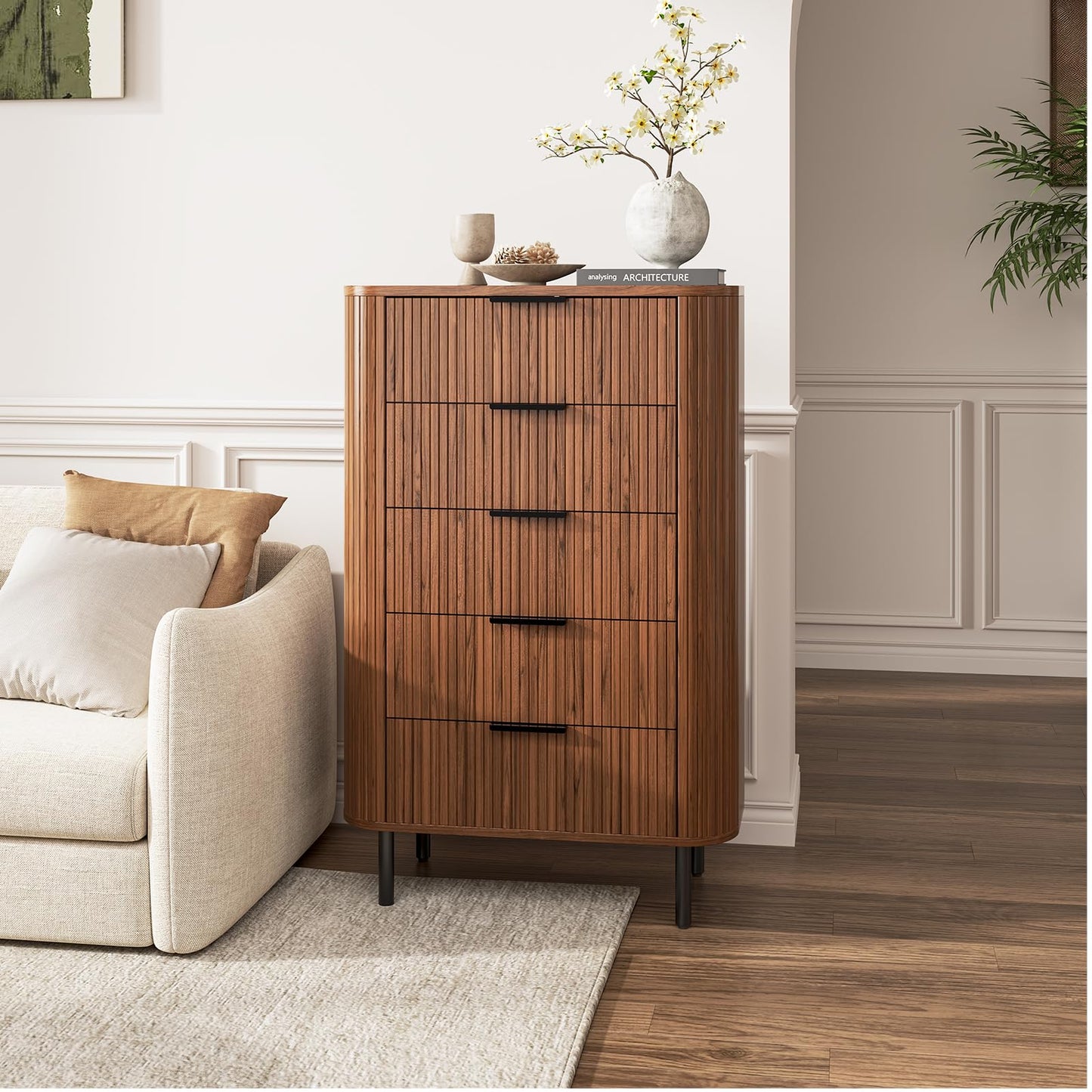 ONBRILL Fluted Dresser for Bedroom with 5 Drawers, 32 inch Chest of Drawers, Mid Century Modern Tall Dressers with Curved Profile Design for Closet, Wood TV Stand for Living Room, Hallway, Walnut