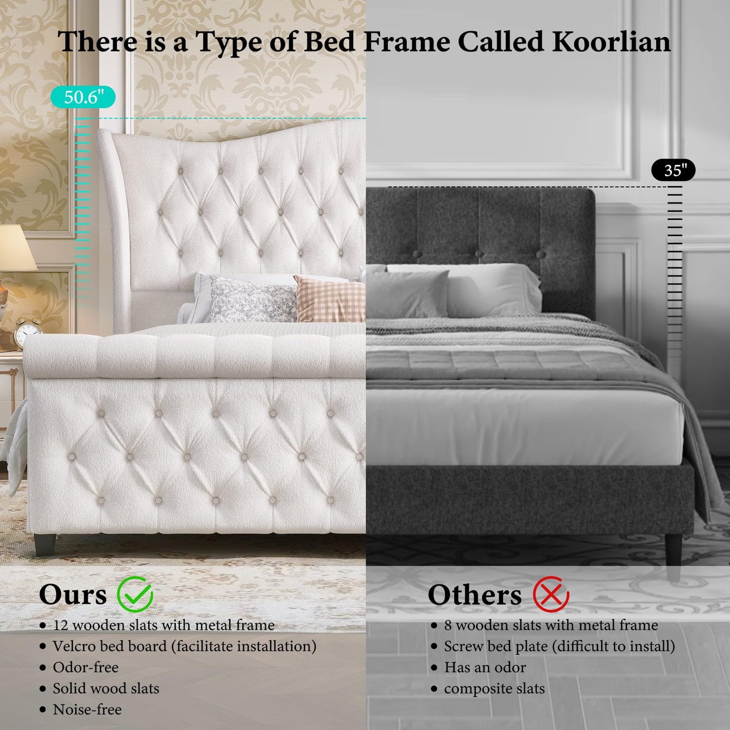 koorlian King Size Chenille Upholstered Bed Frame, Sleigh Platform Bed Frames with 51" Tall Wingback Headboard & 27" Scroll Footboard, Button Tufted/No Box Spring Required/Wood Slats Support/Cream