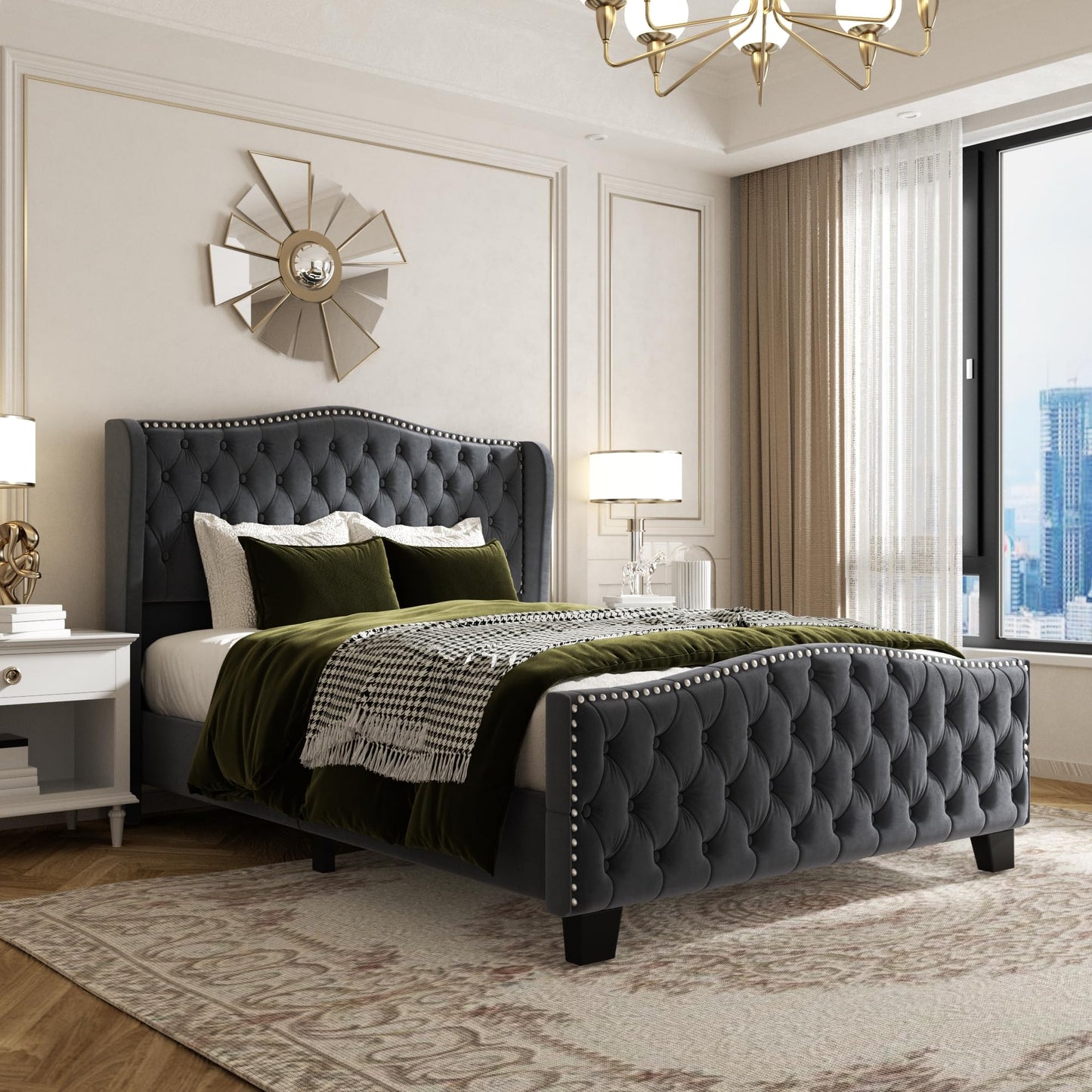 King Size Bed Frame with 51-inch Tall Camelback Headboard, Velvet Upholstered Platform Bed with Deep Button Tufted Footboard & Nailhead Trim Wingback Grey