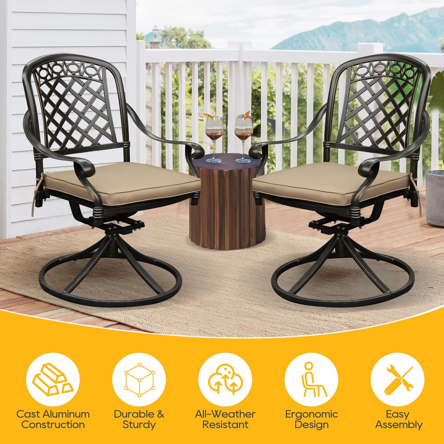 Sumshadow 2 Piece Cast Aluminum Outdoor Swivel Dining Chairs, All-Weather Patio Swivel Rocker Chair Sets with Cushion for Garden, Backyard, Poolside, Bistro (Khaki, 2 Pieces)