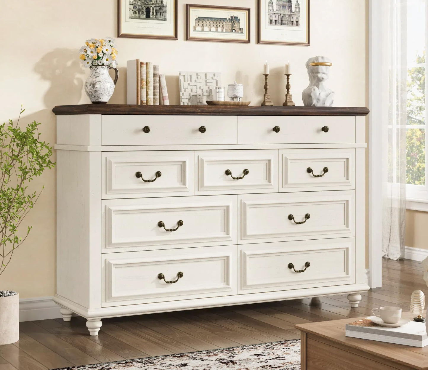 Jocoevol Cream Farmhouse Dresser for Bedroom, 9 Drawer Chest of Drawers, Tall Dressers for Bedroom Storage, Dresser for Closet, Dressers & Chests of Drawers (Cream, 53.5" Wide)