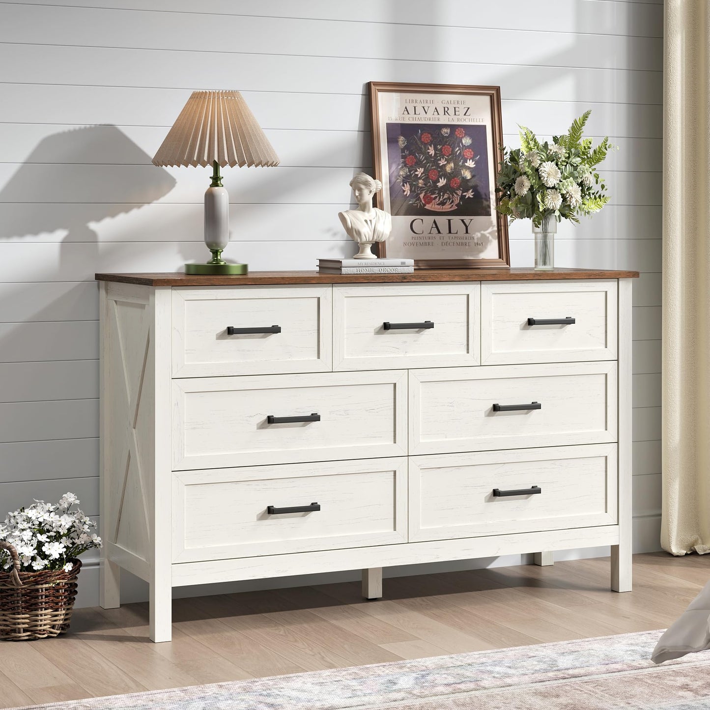 BAZELOR Farmhouse Dresser for Bedroom, 7 Drawers Dresser with Natural Texture, Wood Rustic Wide Chest for Bedroom, Hallway, Entryway, Antique White