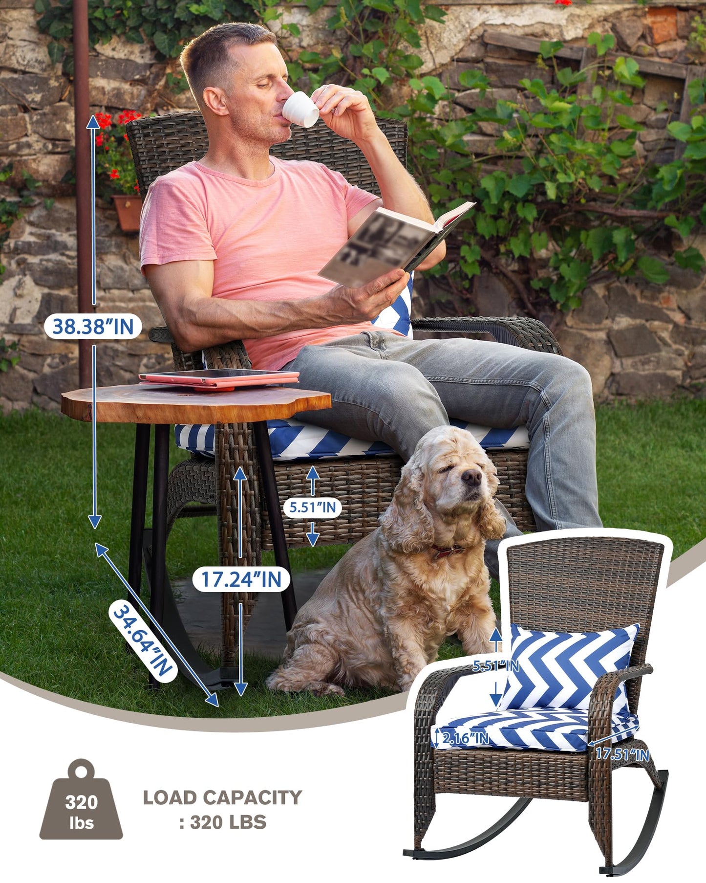OYODHPDU Outdoor Rocking Chair- Outdoor Glider Rattan Rocker Chair with Heavy Duty Steel Frame- All Weather Rocker Chair for Garden, Porch, Backyard, Poolside (Brown Rattan, 320lbs)