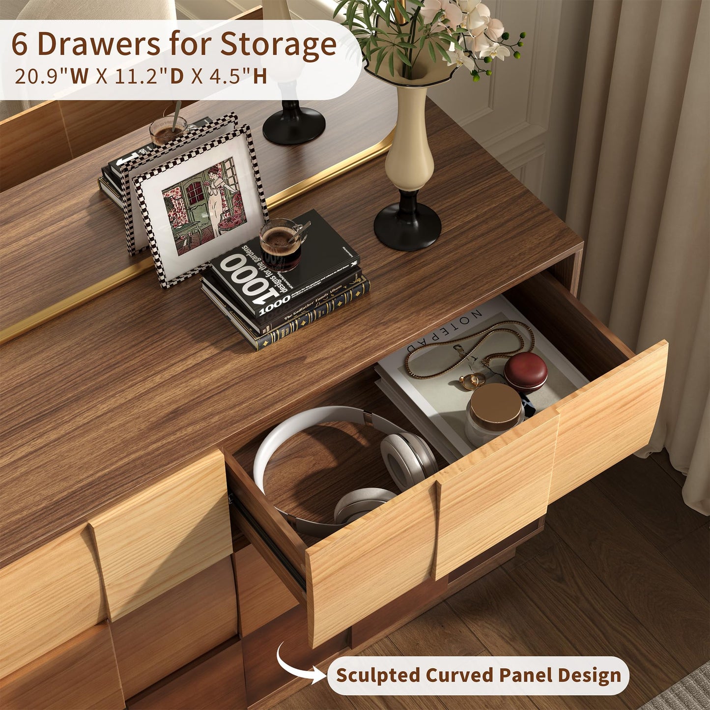Lamohome 6 Drawer Dresser with Solid Wood Drawer Fronts, 47" Chest of Drawers Modern Wood Dresser with Artistic Gradient Color-Block Finish for Bedroom & Living Room
