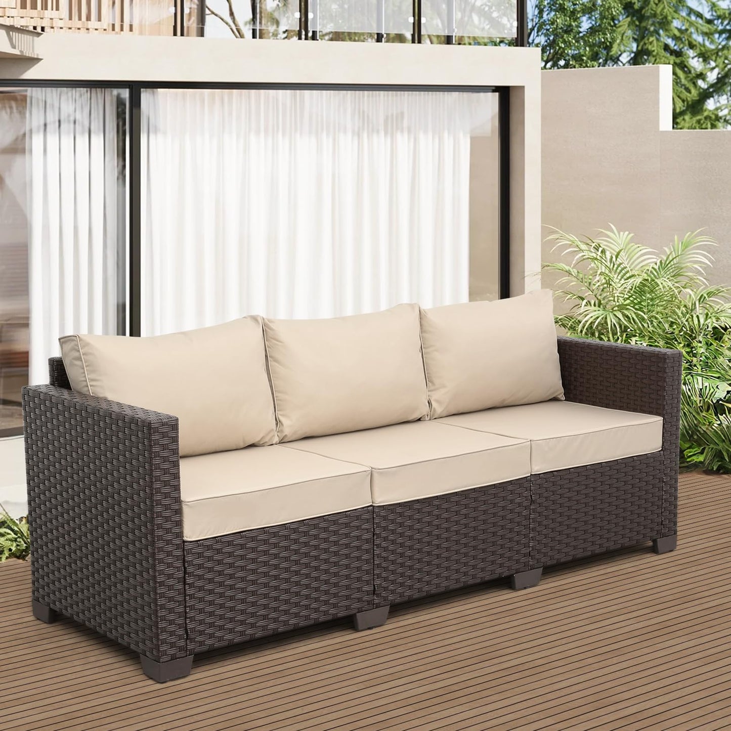 Rattaner Patio Furniture 3-seat Sofa Wicker Outdoor Furniture Outdoor Couch Deep Seat Hight Backrest Waterproof Cover Anti-Slip Cushions, Khaki
