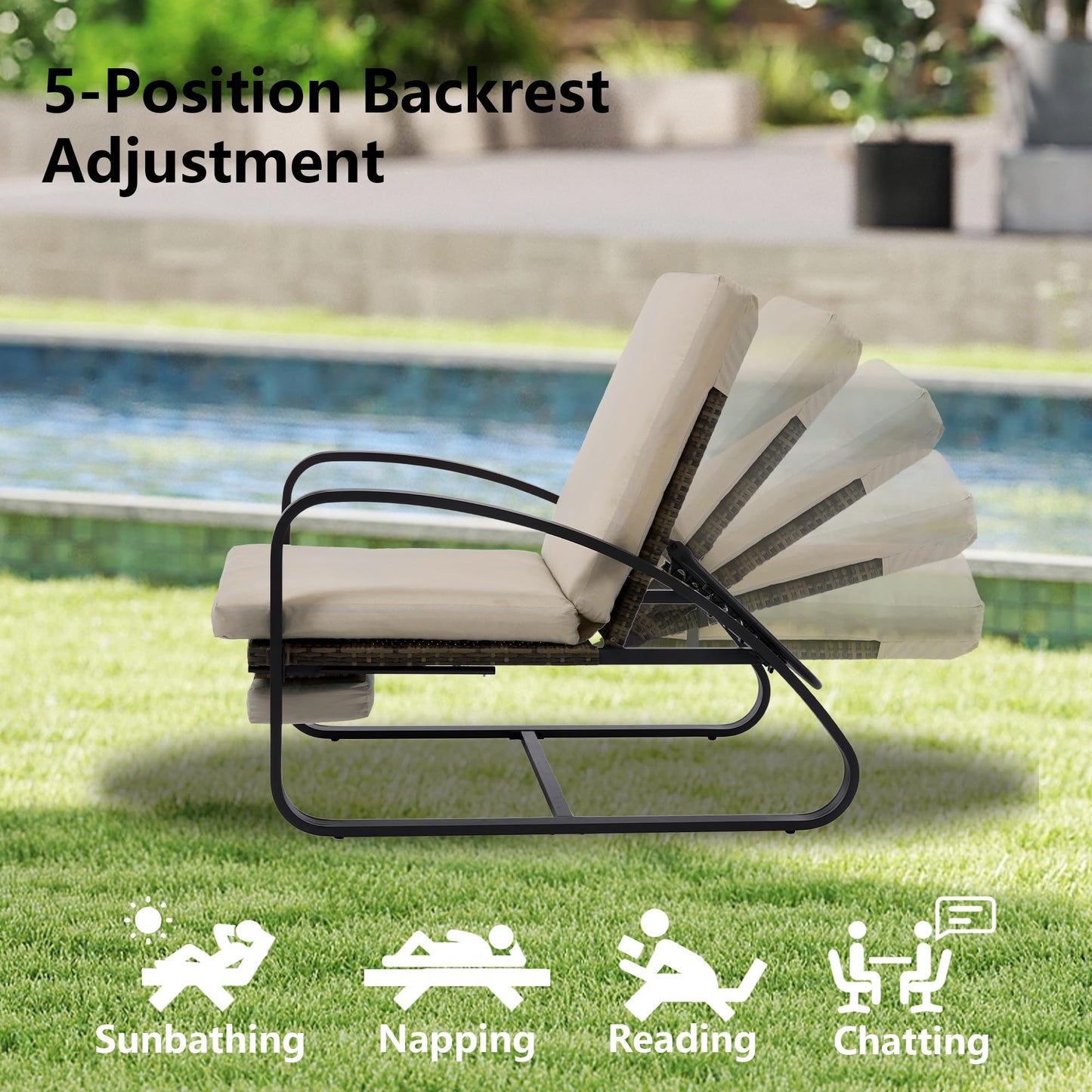 DAYARUS 3 Piece Patio Furniture Set, Modern Patio Chaise Lounge Chairs, 5-Position Adjustable Bistro Set Balcony Furniture, Metal Patio Chairs with Coffee Table, Pool Lounge Chair for Deck, Khaki