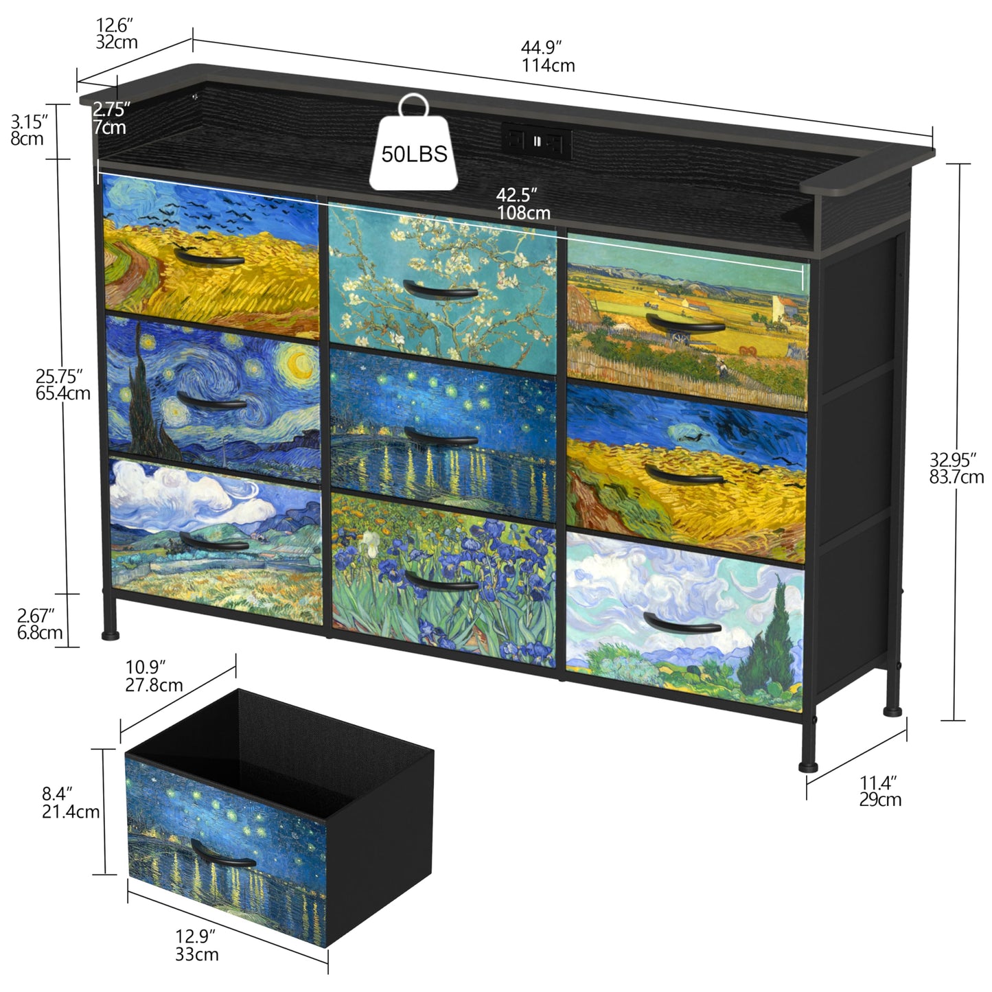 Welfuturer Dresser for Bedroom with 9 Drawers Van Gogh Dressers & Chest of Drawers Fabric Clothes Drawer Fabric Closet Organizer for Living Room Entryway Closet Nursery Sturdy Steel Frame Wood Top