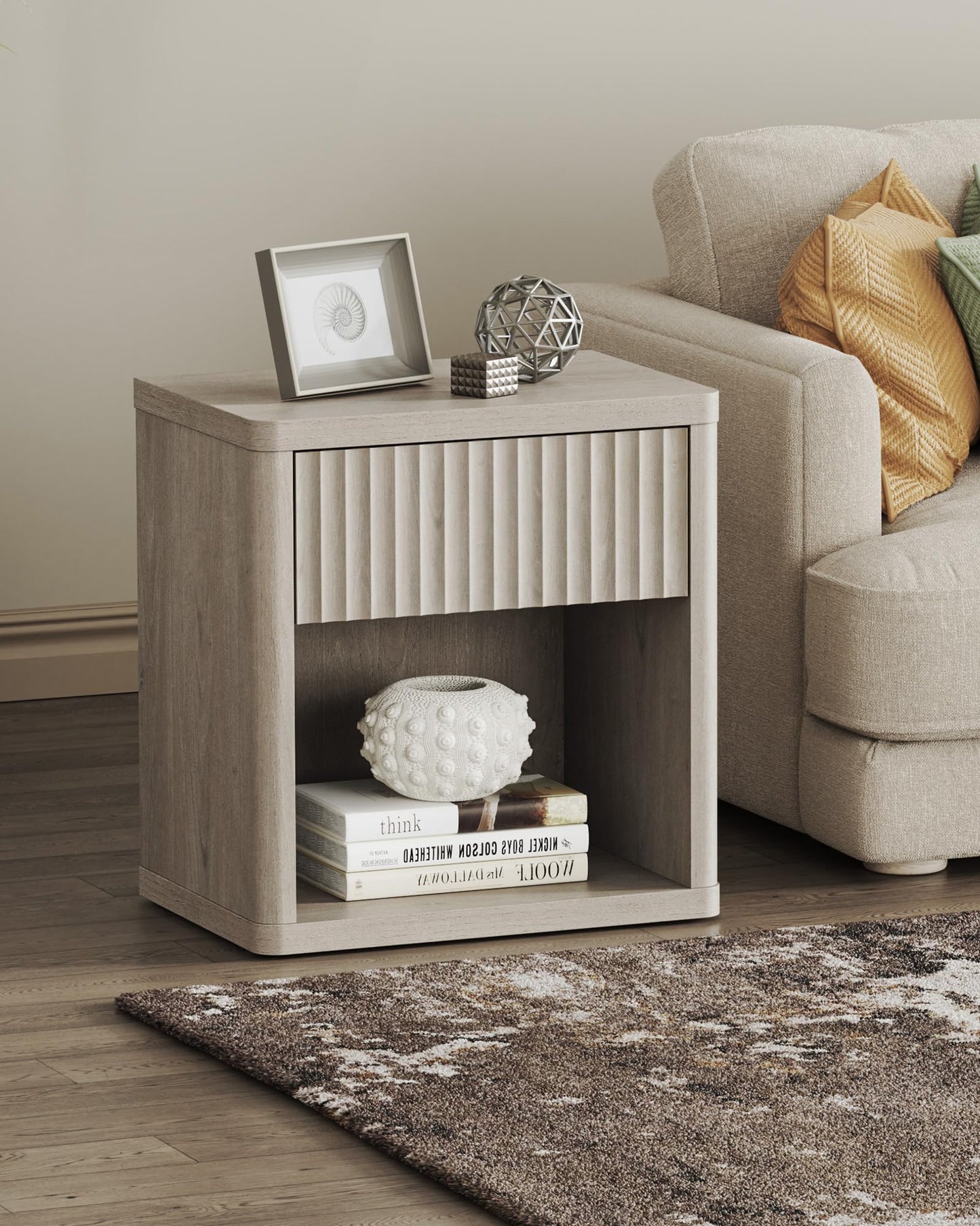 SICOTAS Night Stand Nightstand with Drawer Storage Fluted Bed Side Table End Table Large Modern Wide Bedside Stand Mid Century Night Stands for Bedroom Living Room Sofa Couch Home Office, White Alder
