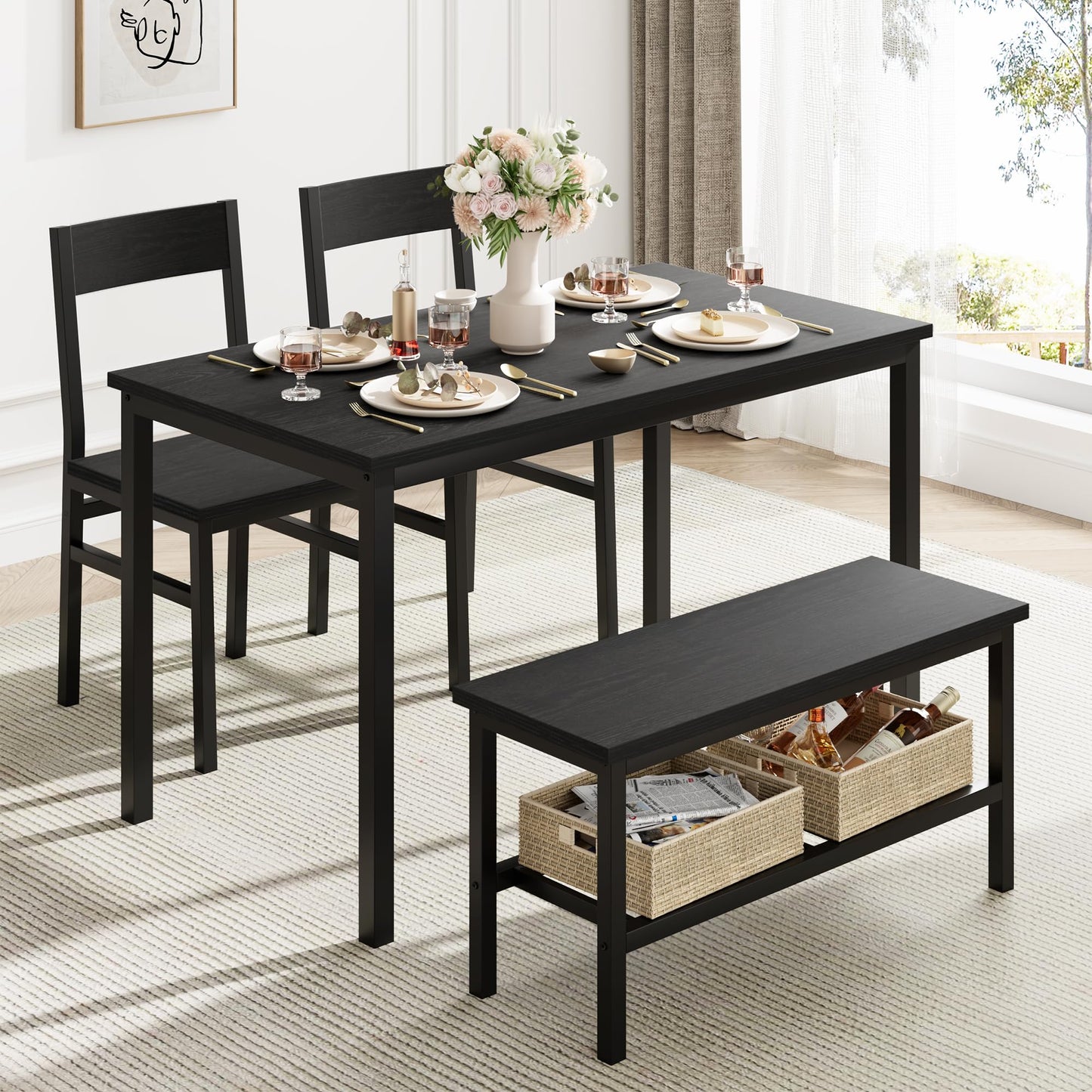 GarveeHome Dining Table Set for 4, Modern Kitchen Table with Chairs and Bench for Small Space, 4-Person Dining Room Table Set with Metal Frame and Storage Rack, Dinette Set for Apartment