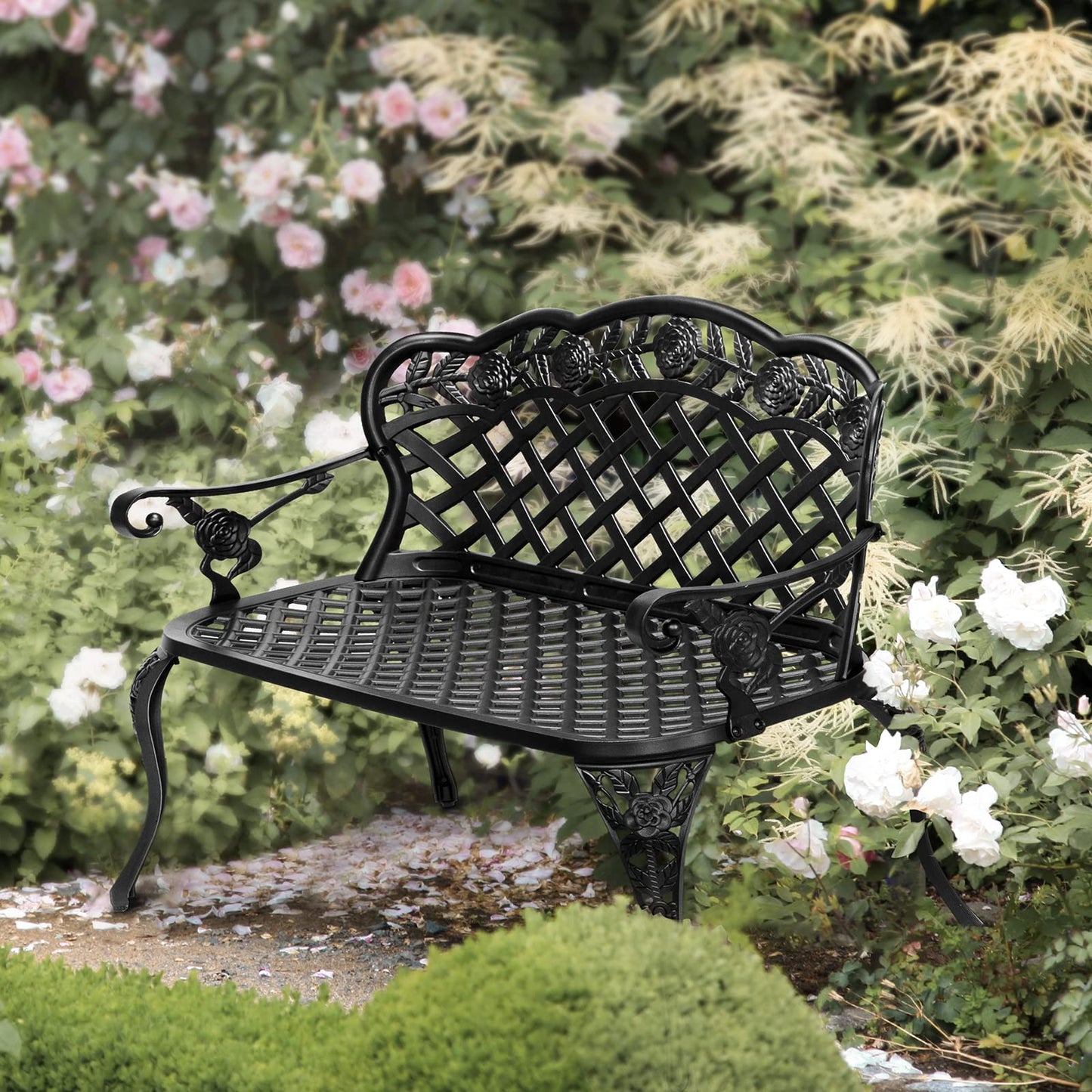 VINGLI 42.5" Outdoor Bench, Antique Cast Aluminum Front Porch Bench Metal Garden Benches Cast Iron Benches 2-3 People Seating (Black)