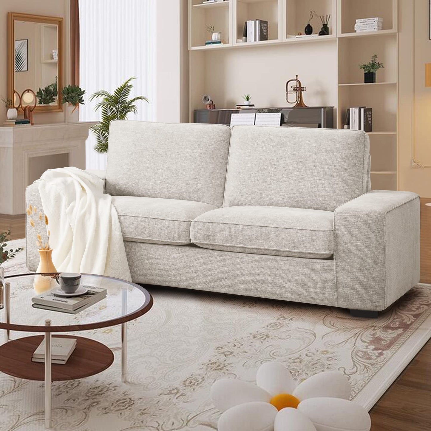 LEISLAND 88.58" Modern Sofas Couches for Living Room, Chenille Sofas & couches with Square Armrest, Removable Low-Back Sofa Cushion and Detachable Sofa Cover/Easy to Install(Beige)