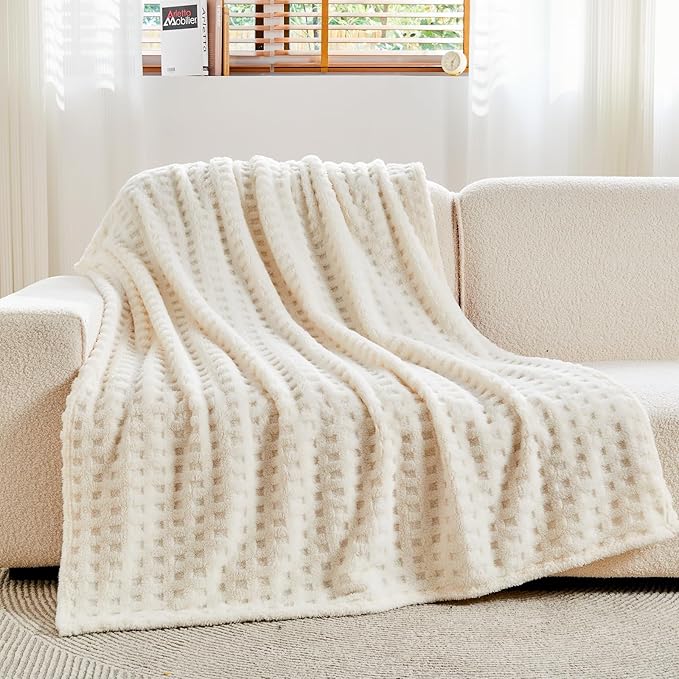 NEWCOSPLAY Super Soft Queen Blanket Ivory Premium Silky Flannel Fleece 3D Waffle Checkered Lightweight Bed Blanket All Season Use (Ivory, Queen(90"x90"))