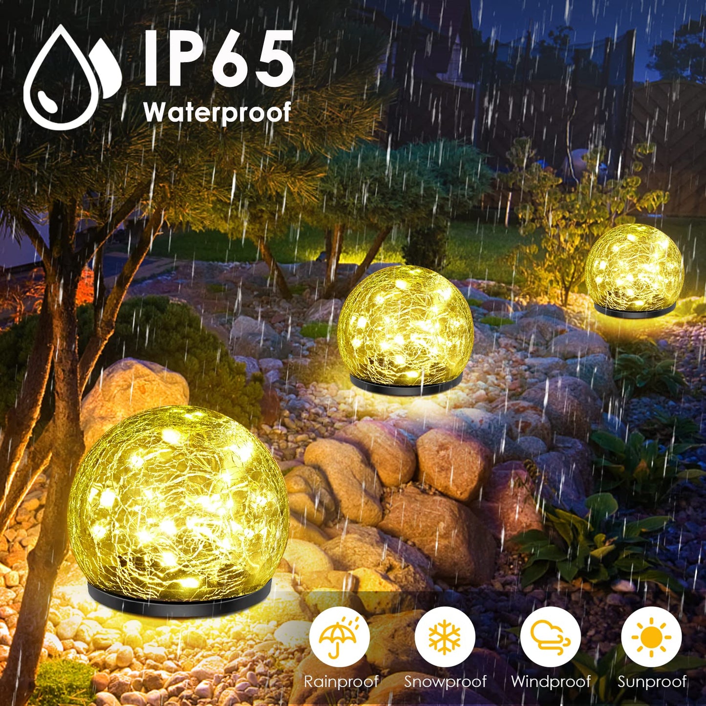 Keevvon 2 Pack 60 LED Solar Garden Lights Outdoor Decoration, Cracked Glass Solar Globe Lights, Upgraded Waterproof Warm White Ball Lights for Yard Pathway Patio Halloween Christmas Outside Decor