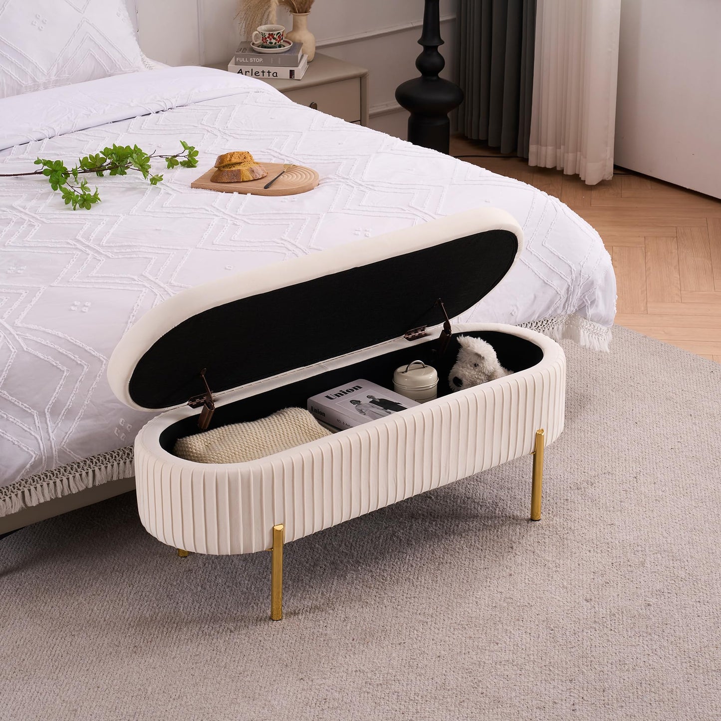 AIITTCC Velvet Storage Bench for Bedroom Upholstered End of Bed Bench Modern Ottoman with Gold Legs for Living Room/Window/Entryway (Ivory White, Oval-45.5" W)