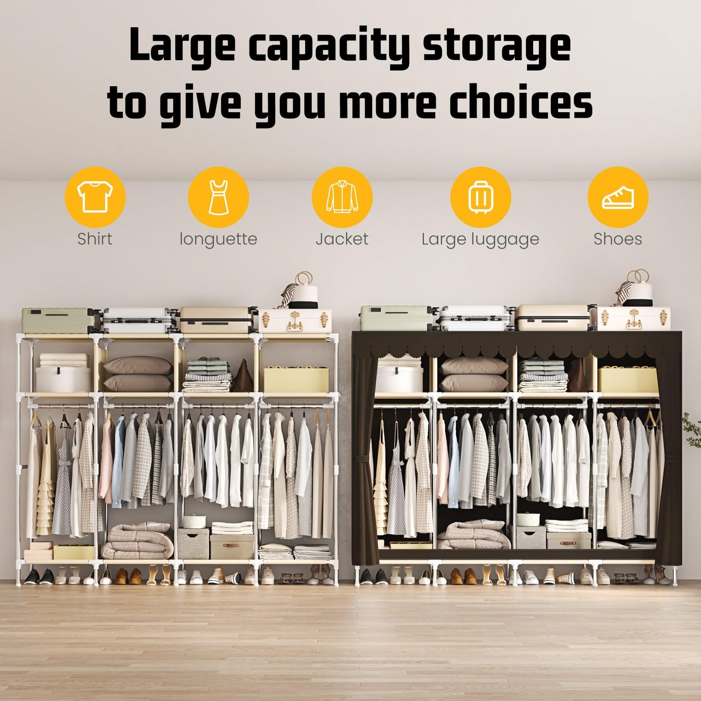 LEAIJIAFY Large Portable Armoire Wardrobe Closet with 4 Hanging Rods and Lockers,Metal Storage Wardrobe Clothes Rack with Dust Cover for Clothes,16.7 in Wide,Bedroom,Brown