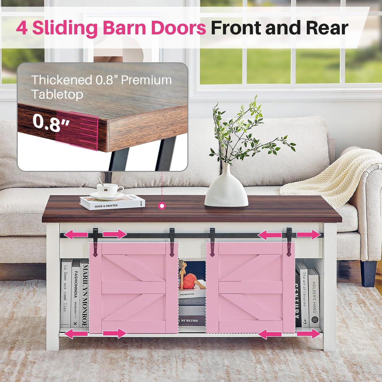 Redlife Lift Top Coffee Table with Storage, 47" Farmhouse Coffee Tables with Sliding Barn Door and Hidden Storage Space, 4 in 1 Multi-Function Square Coffee Table for Living Room, Office, White
