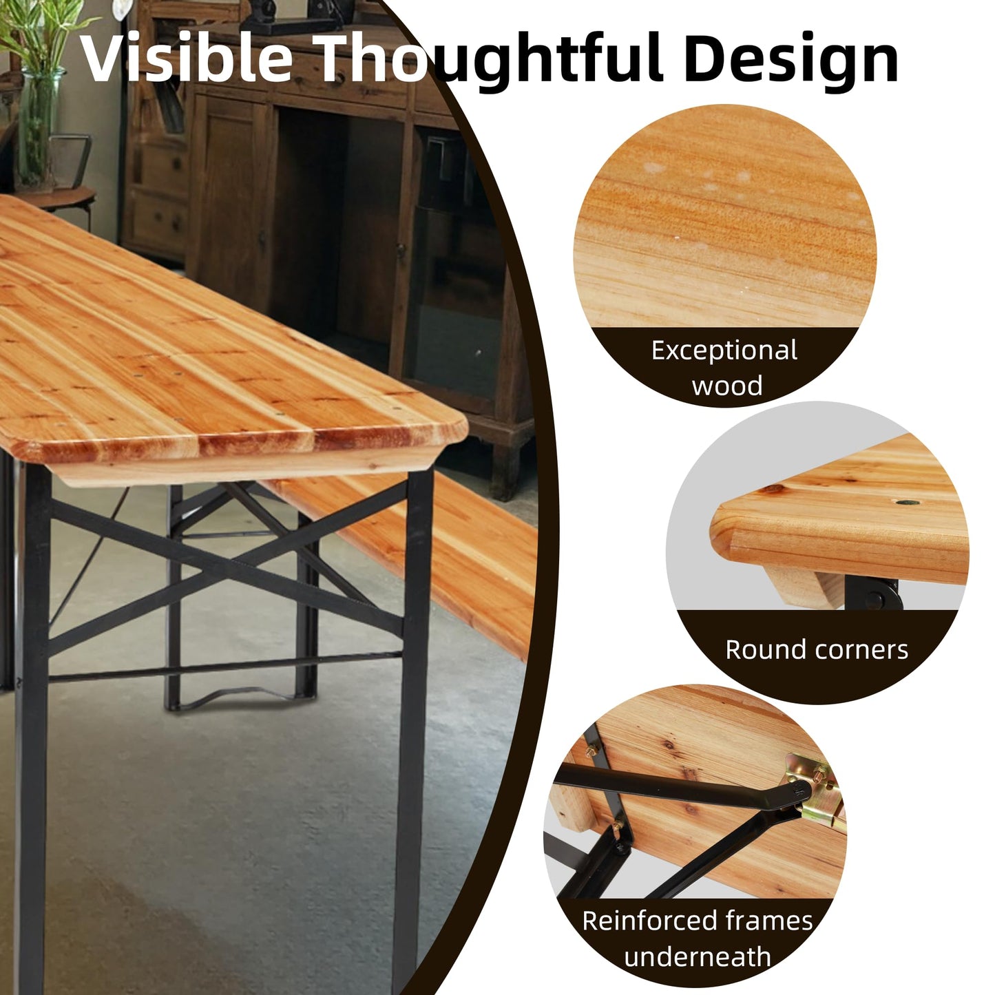 HOMREST Folding Picnic Tables with 2 Benches Set,70" 3-Piece Portable Table for 6-8 Persons，Outdoor Dining Table with Weather-Resistant Wooden and Sturdy Steel Frame for Patio,Party,BBQ and Camp