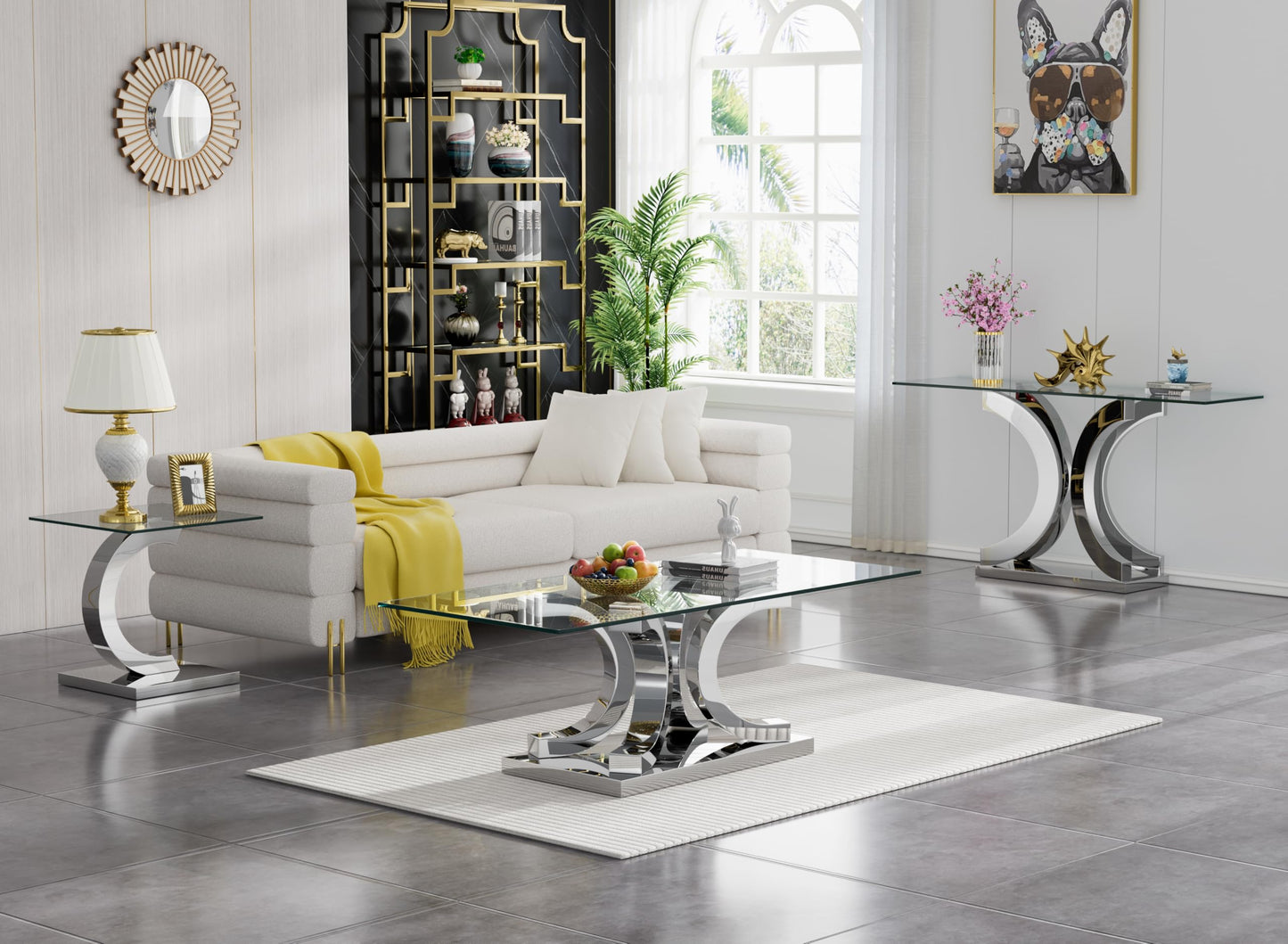 Henf 47" Glass Coffee Table Modern Glass Center Table, Luxury Rectangular Cocktail Table Accent Sofa Table with Tempered Glass Top and Silver Mirrored Stainless Steel Base for Living Room Apartment