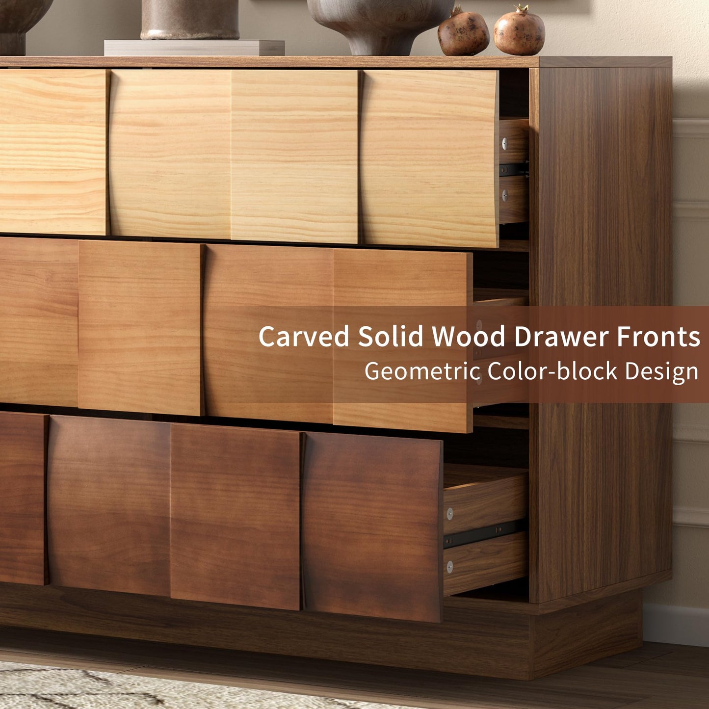 Lamohome 6 Drawer Dresser with Solid Wood Drawer Fronts, 47" Chest of Drawers Modern Wood Dresser with Artistic Gradient Color-Block Finish for Bedroom & Living Room