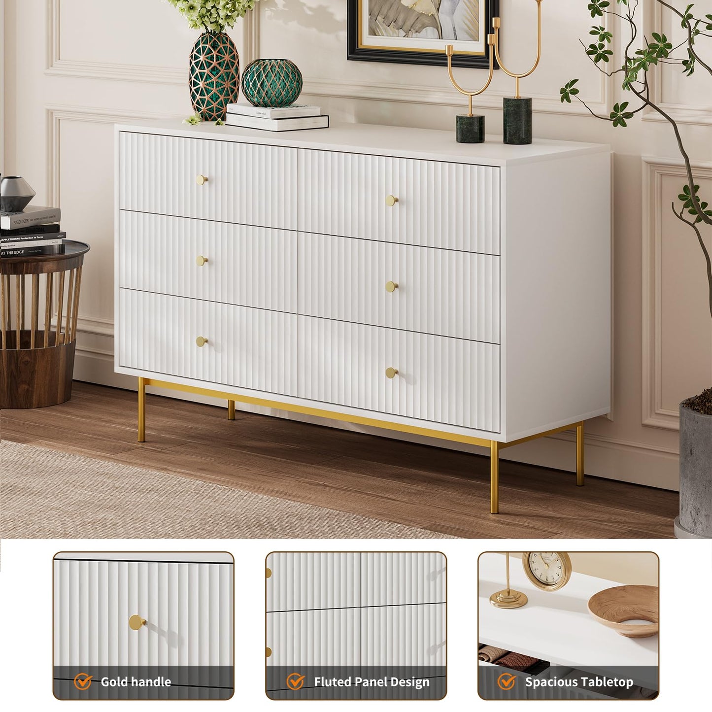 MAISONARIA 6 Drawer Double Dresser for Bedroom, White Dresser with Gold Handles, White 6 Drawer with Fluted Panels for Bedroom