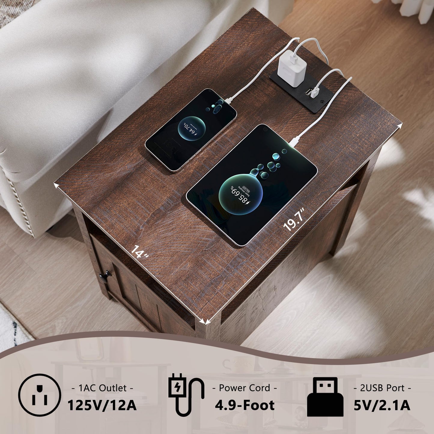 IFBUY Farmhouse Nightstands Set of 2, Narrow Bedside Table with Charging Station, Night Stand Set 2 with Storage & Open Shelf, End Tables w/Groove Barn Door for Bedroom, Living Room, Brown