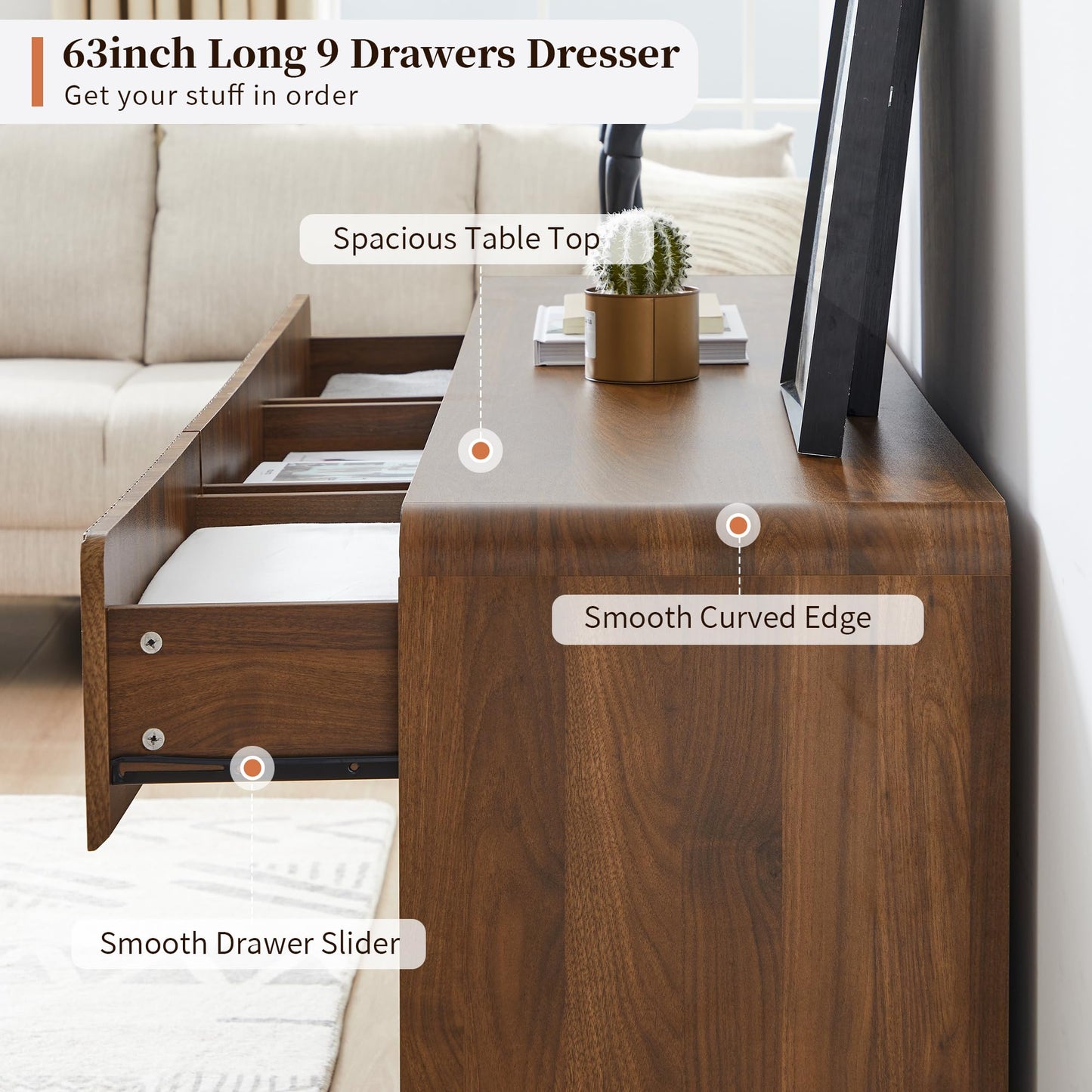 BERRYMERRY Fluted Dresser for Bedroom with 9 Drawers,63" Wide Modern Chest of Drawers with Curved Profile & Deep Drawer,Large Wood TV Dresser for Bedroom Living Room