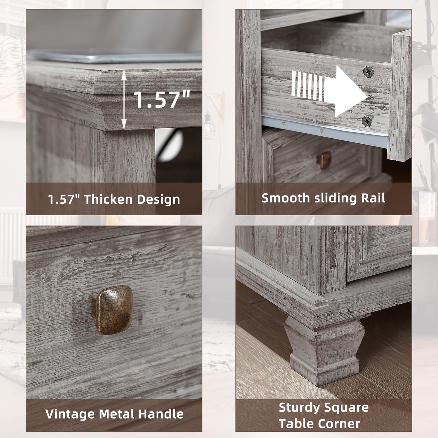 SAVOR LIFE Farmhouse Nightstand Set of 2 with Charging Station, Rustic Grey Nightstand,2 Drawers End Table for Living Room,Bedside Table with Open Shelf for Bed Room,Grey