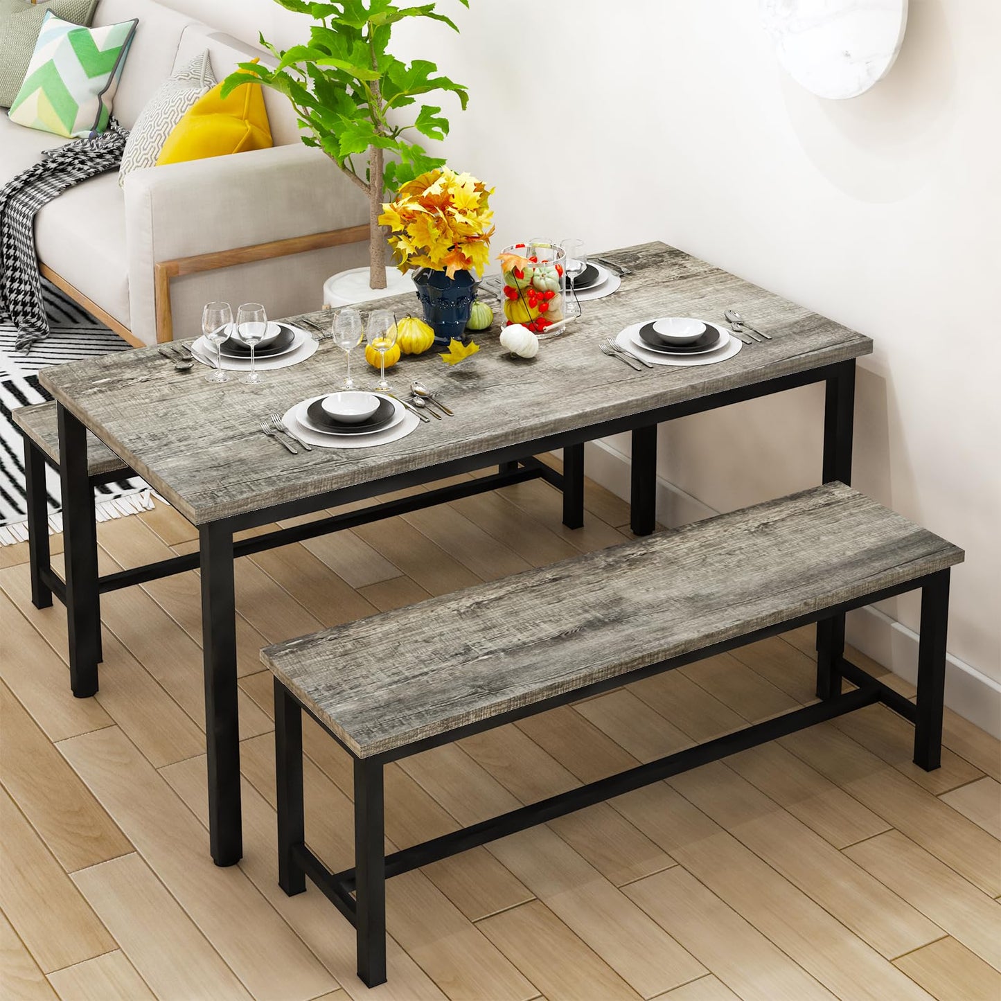Recaceik Dining Room Table Set for 4, Modern Kitchen Table Set for 4 with 2 Bench for Small Kitchen and Dining Room Furniture (Grey & Black)