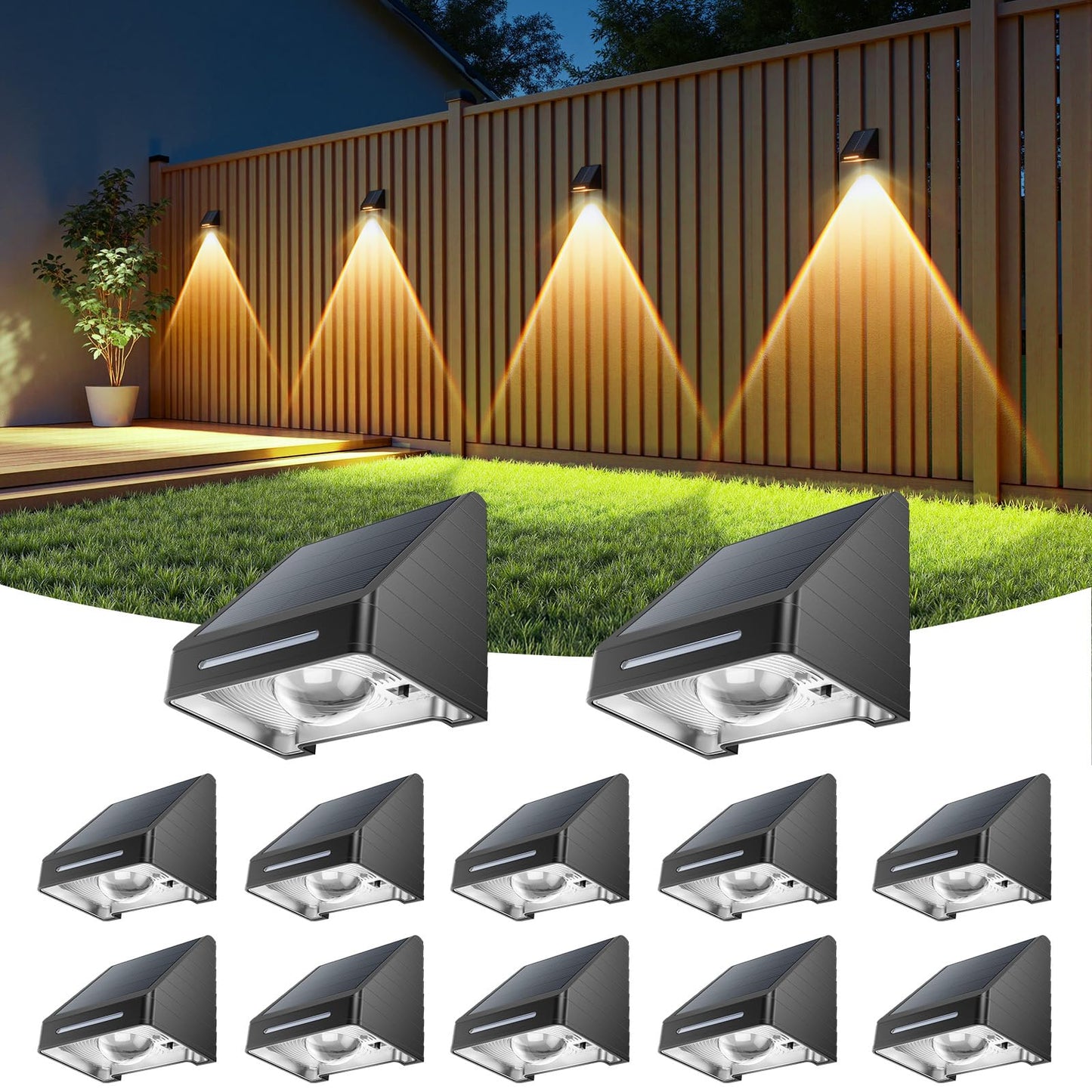 LETMY Solar Fence Lights Outdoor 12 Pack - Brighter Focused Lens, Cold White & Warm Light Fence Solar Lights Outdoor Waterproof, Auto ON/Off Deck Lighting for Wall, Patio, Backyard, Step, Railing