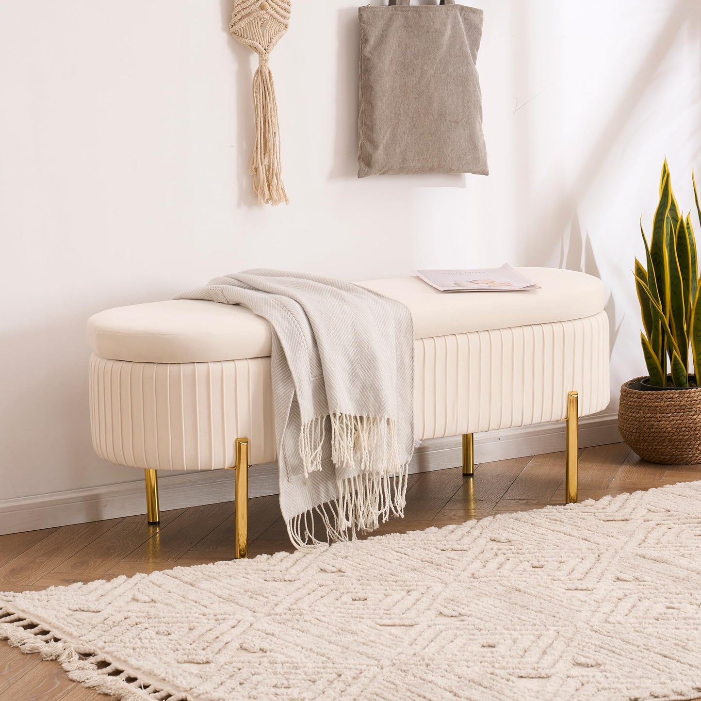 AIITTCC Velvet Storage Bench for Bedroom Upholstered End of Bed Bench Modern Ottoman with Gold Legs for Living Room/Window/Entryway (Ivory White, Oval-45.5" W)