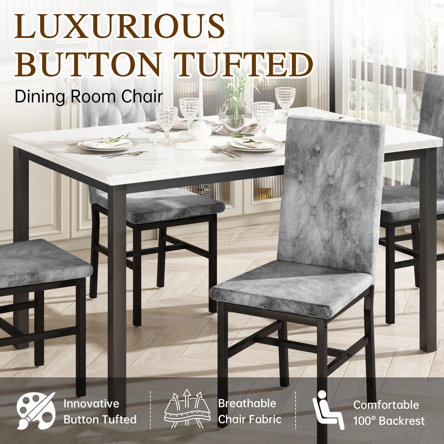Hooseng Dining Table Set for 4, Faux Marble Small Kitchen Table Chairs Set of 4 with Luxurious Button Tufted Dinner Chairs for Kitchen and Dining