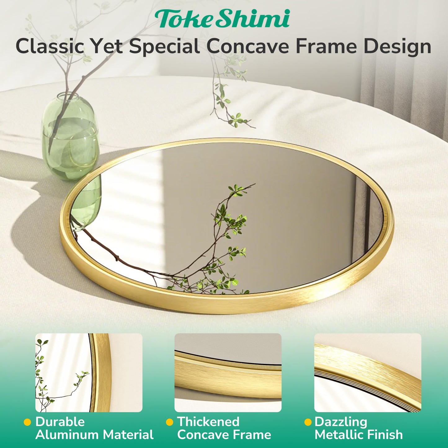 TokeShimi 16 in Round Gold Mirror Framed, 16 x 16 Shatterproof Circle Bathroom Vanity Mirror Wall Mounted Aluminum Wall Mirrored Farmhouse for Entryway, Bedroom, Restroom, Vanity, Living Room