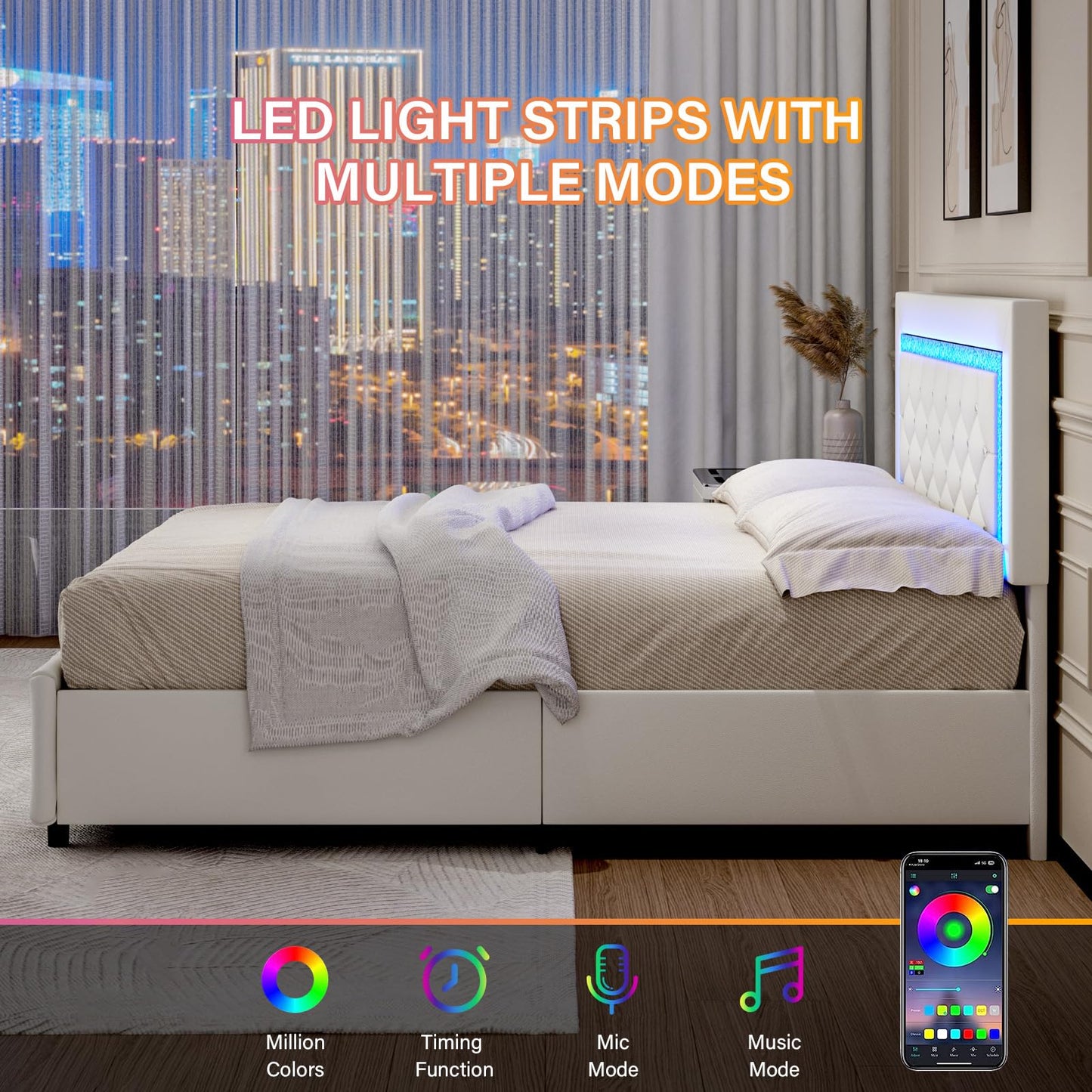 Queen Bed Frame with LED Lights, Upholstered Bed Frame with Storage Drawers, Princess Platform Bed with Diamond Headboard and Footboard, No Box Spring Needed, White