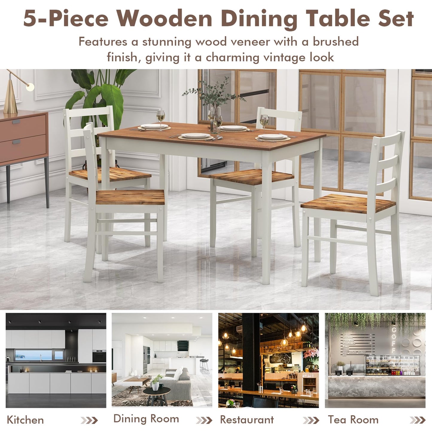 Giantex 5-Piece Dining Set for 4, Solid Wood Rectangular Table & 4 Chairs wtih Rubber Wood Legs, Kitchen Table and Chairs Set for Small Spaces Dinette Dining Room Restaurant (Rustic Brown)