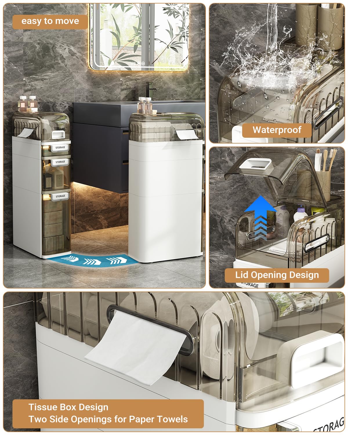 Seeday 3 Tier Slim Bathroom Storage Cabinet, Narrow Organizer with Wheels and Toilet Paper Holder, Waterproof, No Assembly Required, Perfect for Small Spaces in Bathroom, Kitchen and Bedroom