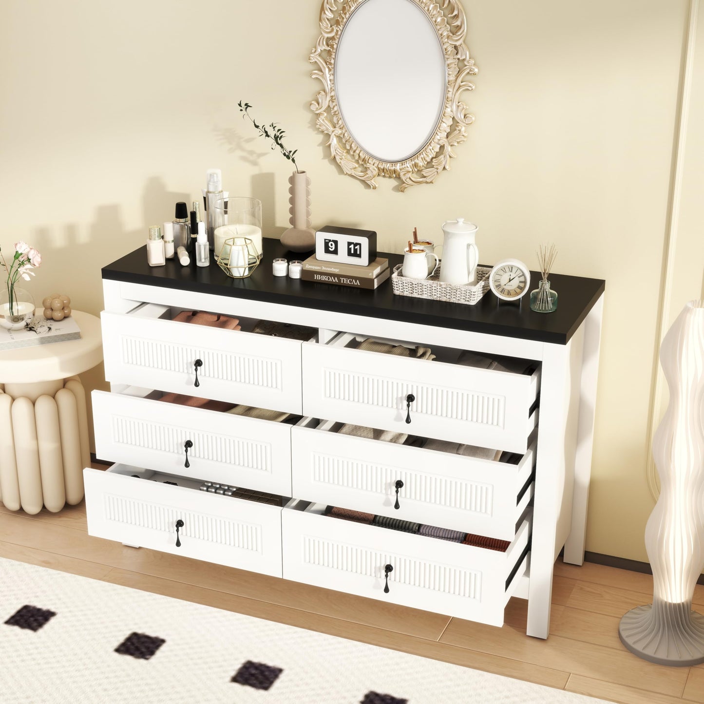 LABROSKIA White Dresser for Bedroom Deep Drawers: 47" Wood Bedroom Dressers with 6 Drawers, Modern Chest of Drawer with Handles, Adult Dresser for Fluted Drawer (White)