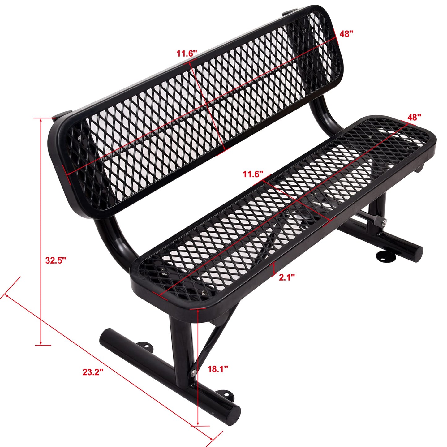 HIMcup 4 FT Heavy Duty Metal Park Bench with Back for Outside, Outdoor Black Bench with Backrest & Portable Frame, 1-3 Person Seat-Commercial Benches Garden Benches for Outdoors