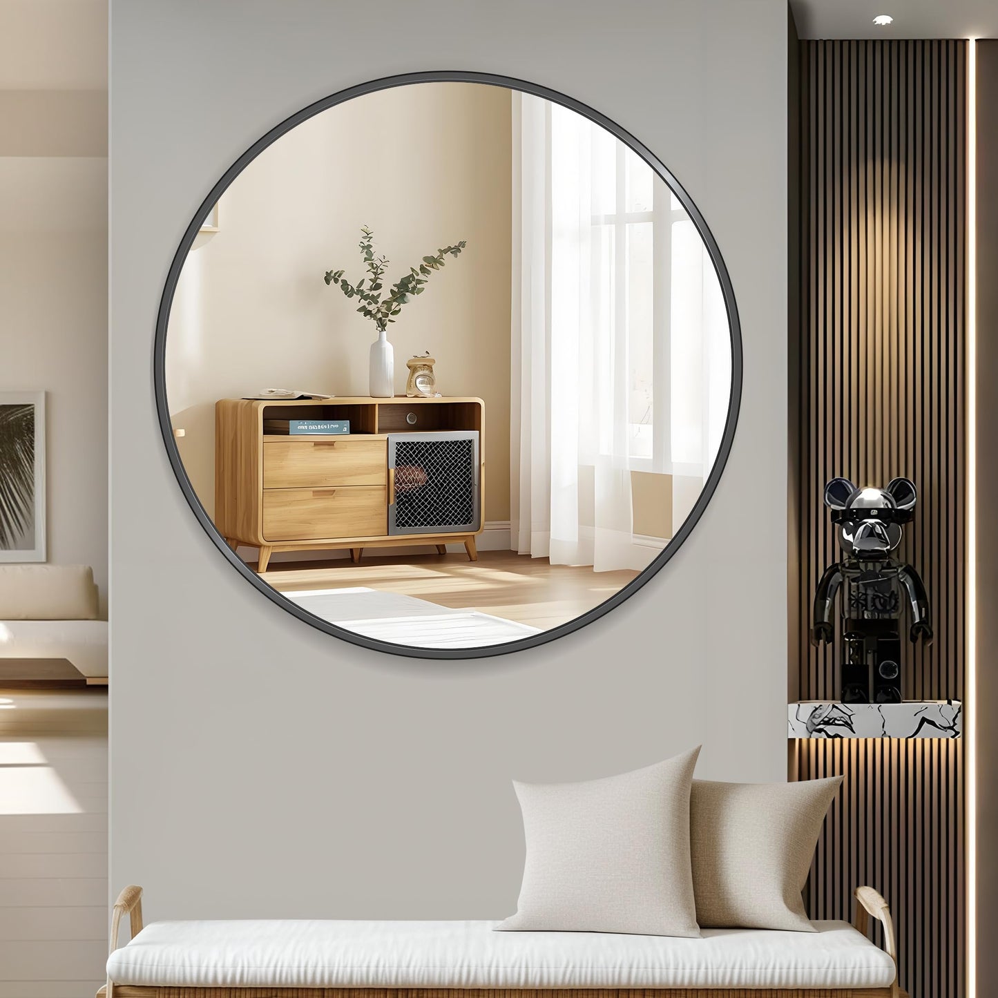 Koonmi 36" Black Circle Mirror Wall Mounted Round Mirror with Metal Frame for Bathroom/Living Room/Vanity/Bedroom