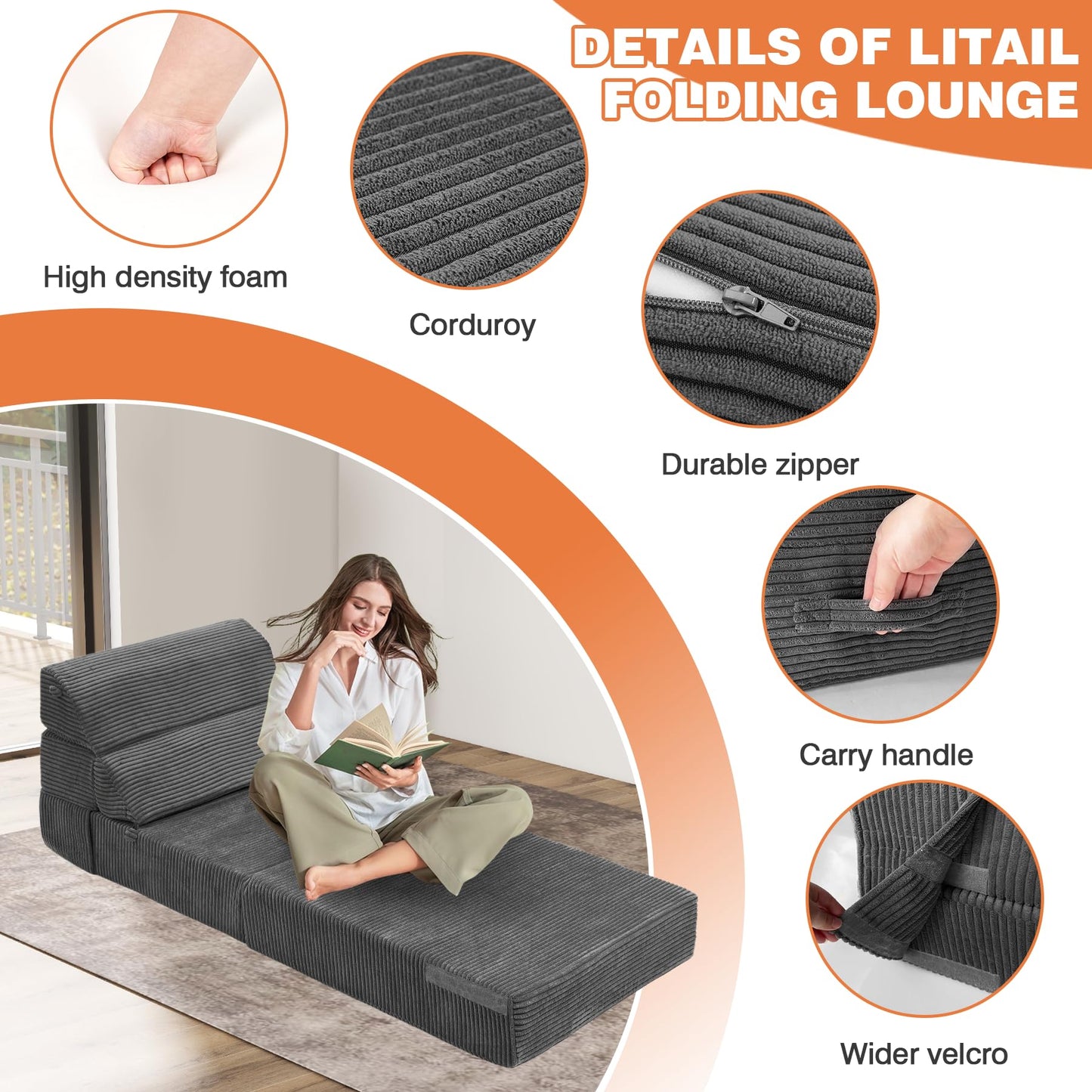 LitaiL Comfy Folding Sofa Bed - Dark Grey Convertible Sleeper Sofa Fold Out Sleeper Chair Couch for Living Room Bedroom Guest, Foldable Floor Chair Corduroy Lounger Mattress with Back Support