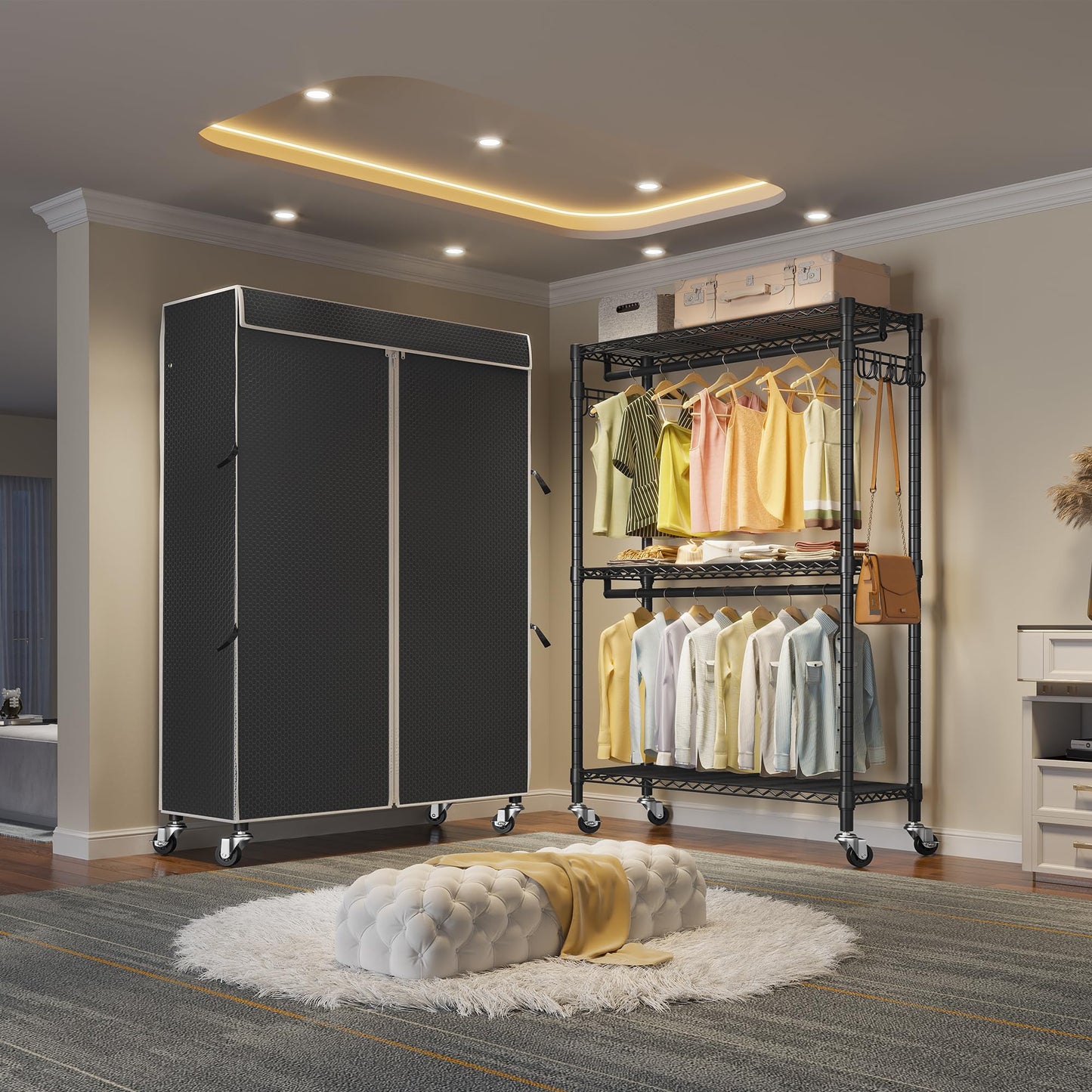 VIPEK R2C Plus Heavy Duty Rolling Garment Racks with Cover Clothing Rack for Hanging Clothes Portable Closet with Adjustable Wire Shelving & Double Rods, Black Rack with Black Upgarded Polyester Cover