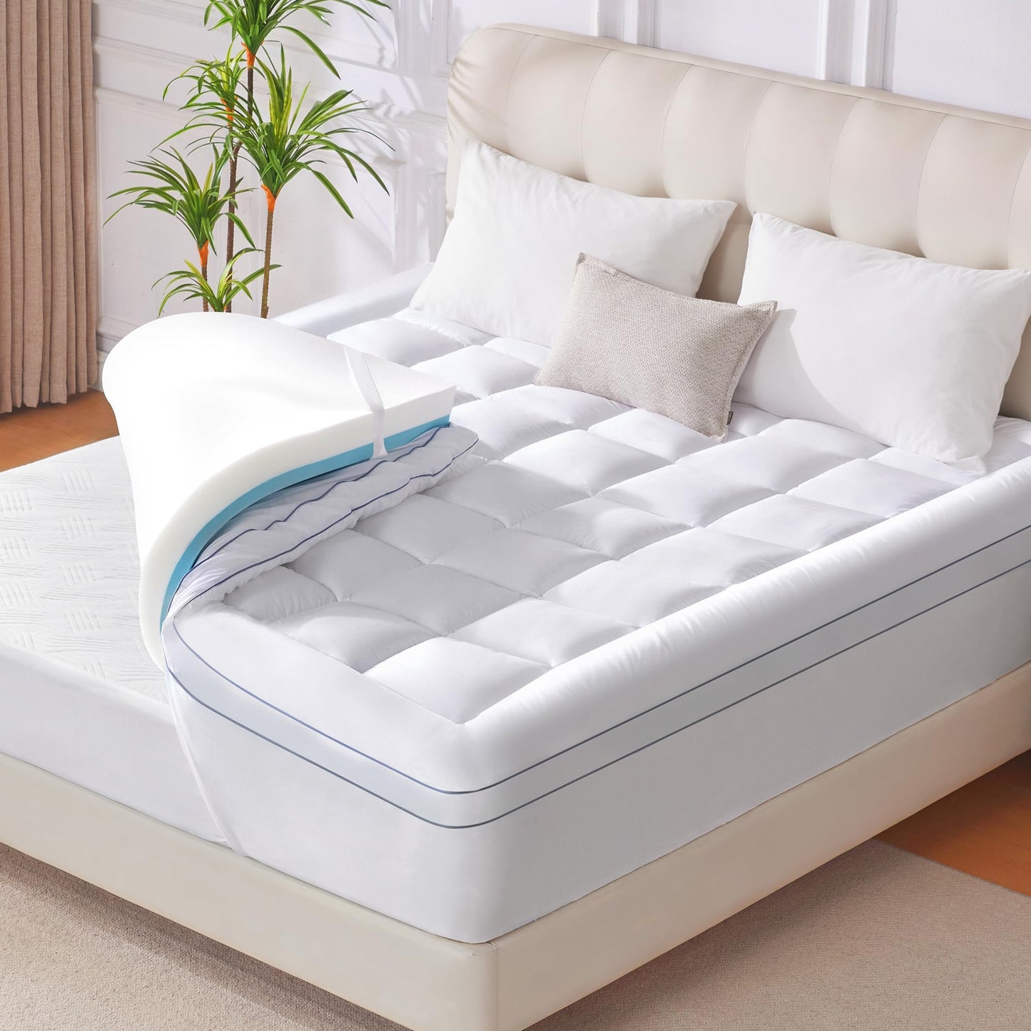 Eiayeebil Memory Foam Queen Mattress Topper, 4 Inch Dual Layer Mattress Pad with Pillow Top Mattress Topper Queen Size Bed Cover, Support for Back Pain (White)