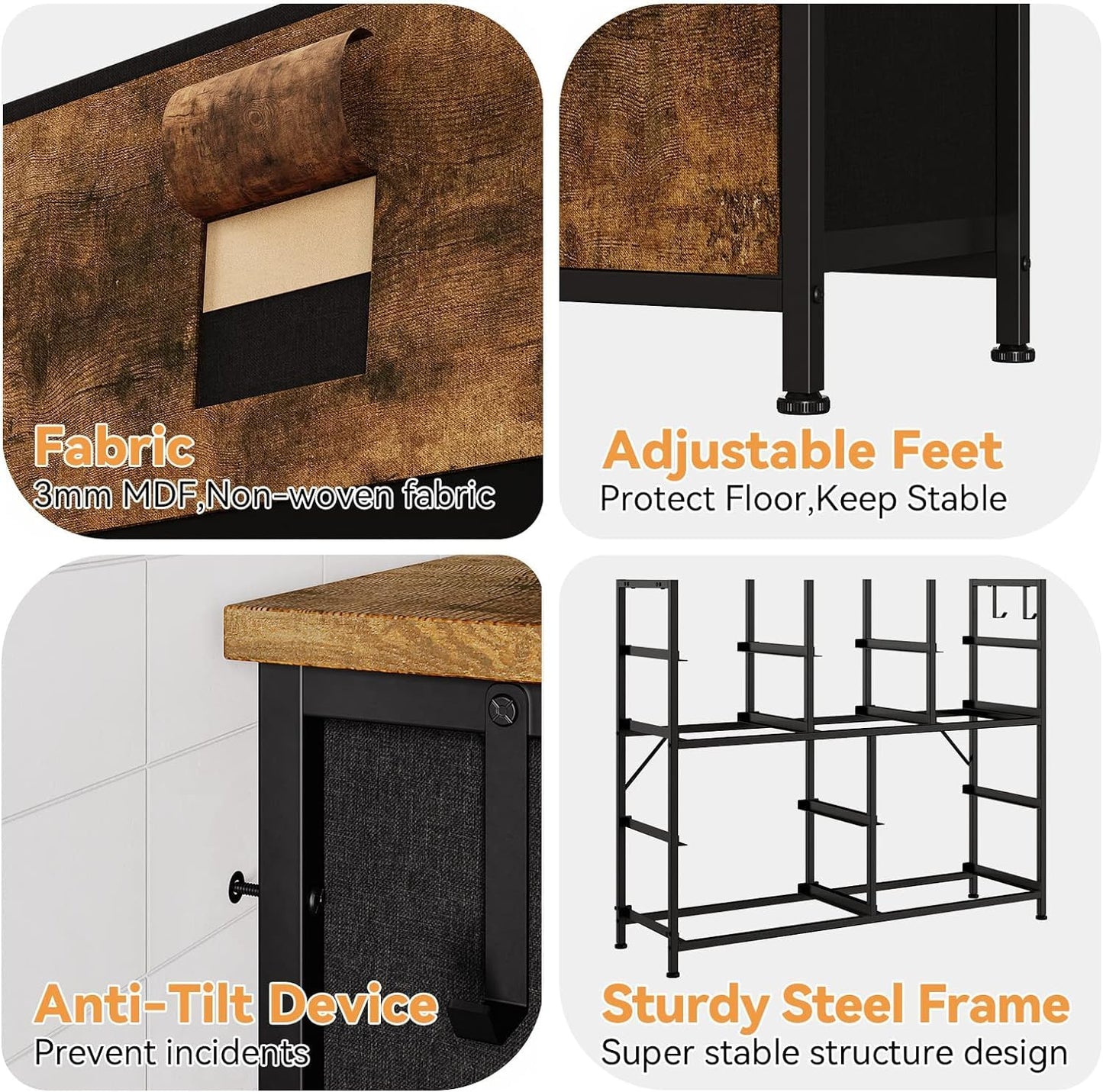 Dresser for Bedroom, 10 Drawers Fabric Storage Drawer, Dressers & Chest of Drawers with Side Pockets, Hooks, Wood Tabletop for Closet, Living Room, Hallway (Brown)
