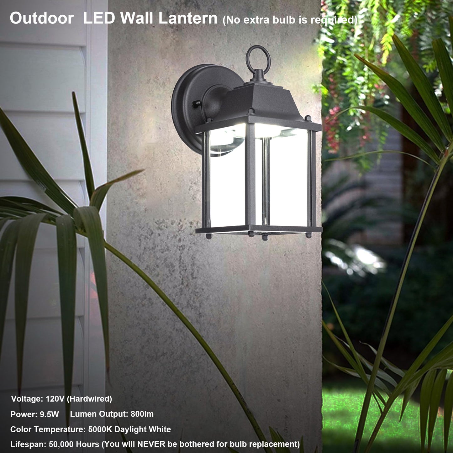 LIT-PaTH Outdoor LED Wall Lantern, Wall Sconce as Porch Lighting Fixture, 5000K Daylight White, 9.5W 800 Lumen, Aluminum Housing Plus Glass, Black Finish, 1-Pack