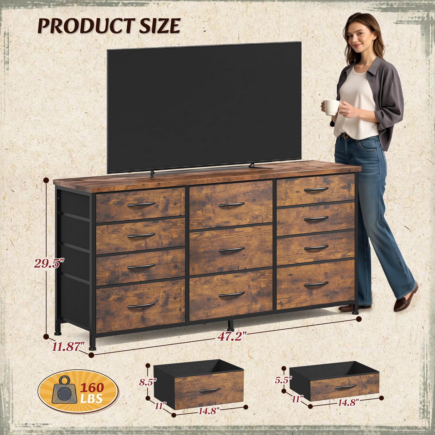Romorgniz Dresser for Bedroom with 11 Fabric Drawers, Dresser TV Stand for 50, 55 Inch TV, Sturdy Storage Dressers & Chests of Drawers for Closet, Entryway (Rustic Brown)